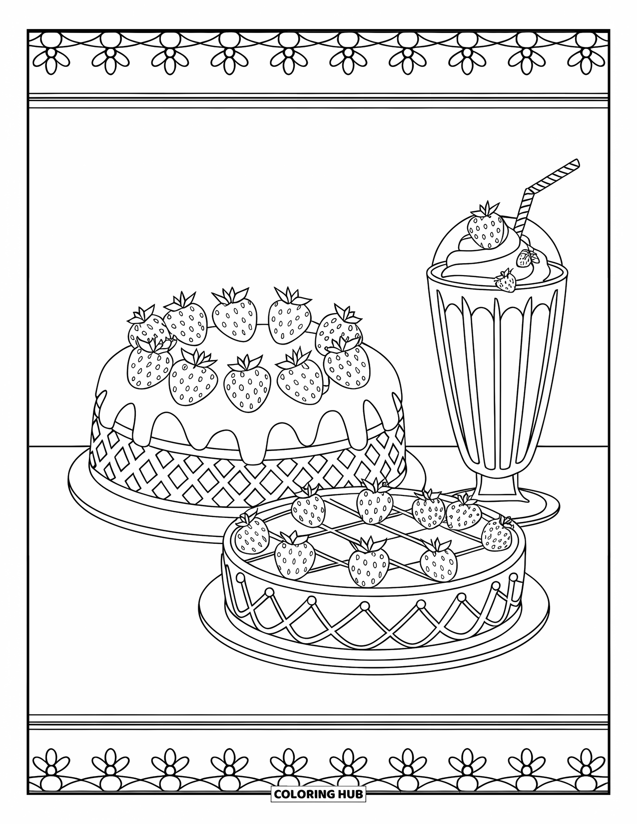 Desenho de morango para colorir para adultos: Uma deliciosa variedade de guloseimas de morango, incluindo um bolo, torta e milkshake