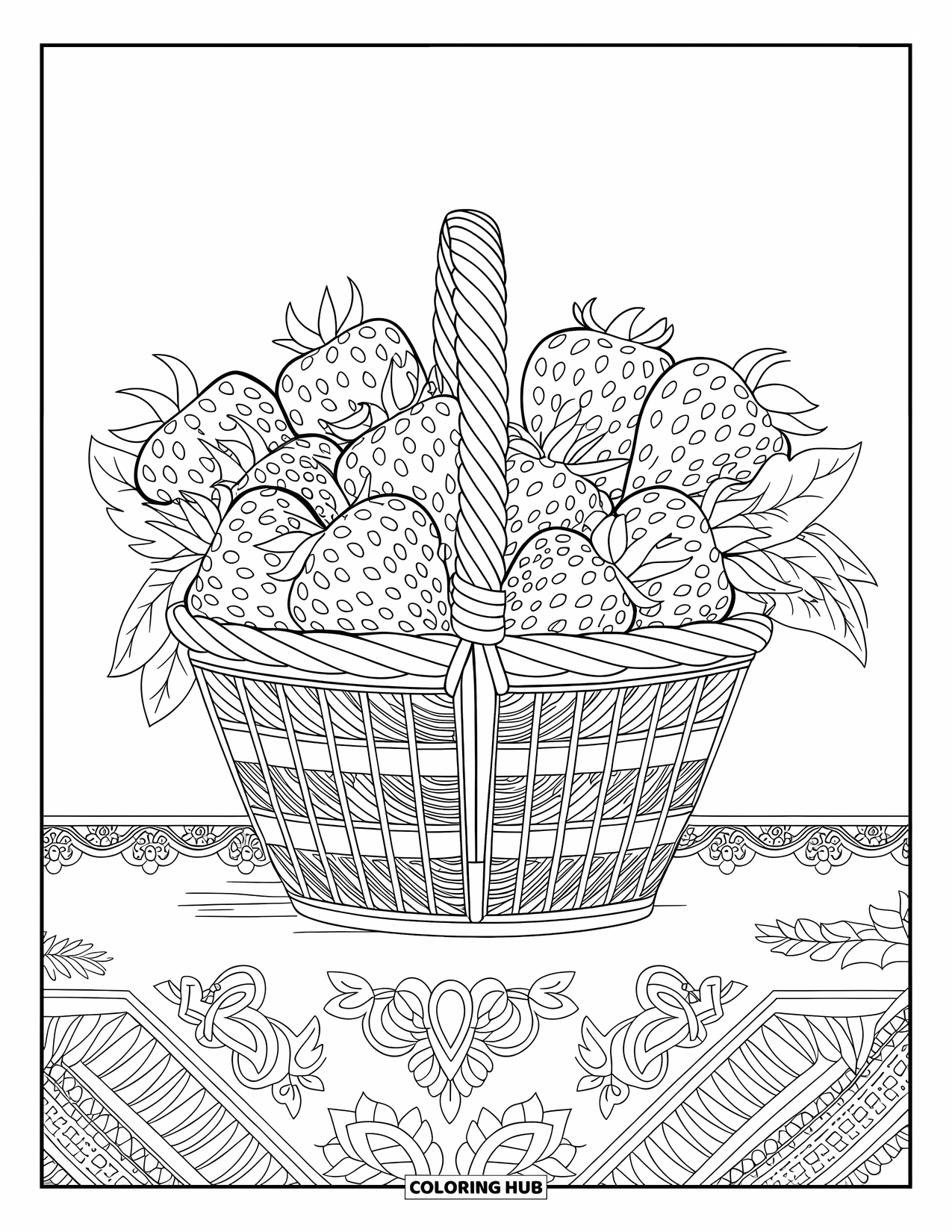 Desenho de Morango para Colorir para Adultos: Uma cesta detalhada de morangos com detalhes florais, perfeita para colorir relaxante
