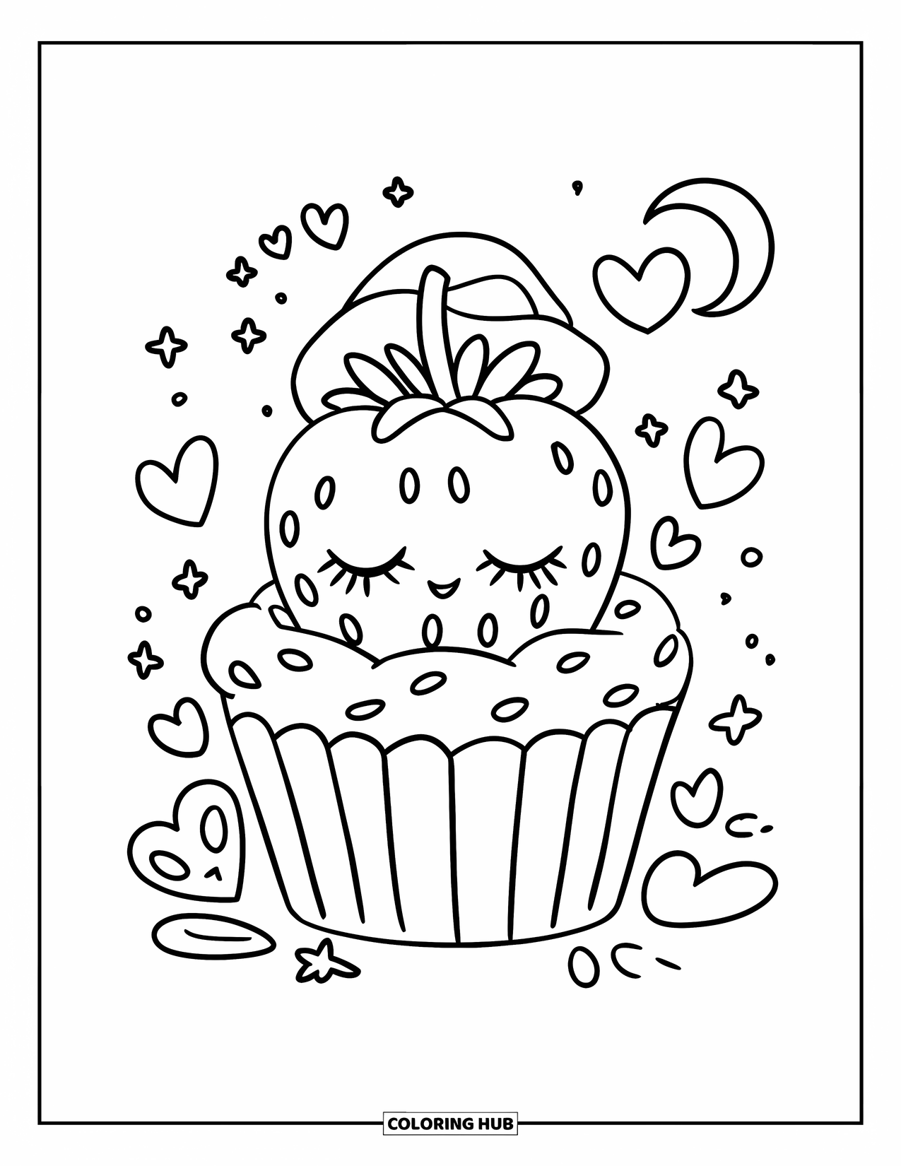 Desenho de Morango para Colorir para Adultos: Um morango sonhador cochila dentro de um invólucro de cupcake, com corações flutuantes e uma lua brilhante