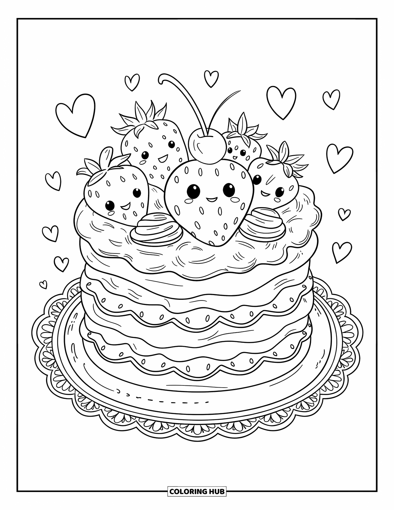 Desenho de Morango para Colorir para Adultos: Um bolo de morango fofo coberto com frutas sorridentes, uma cereja e corações flutuantes