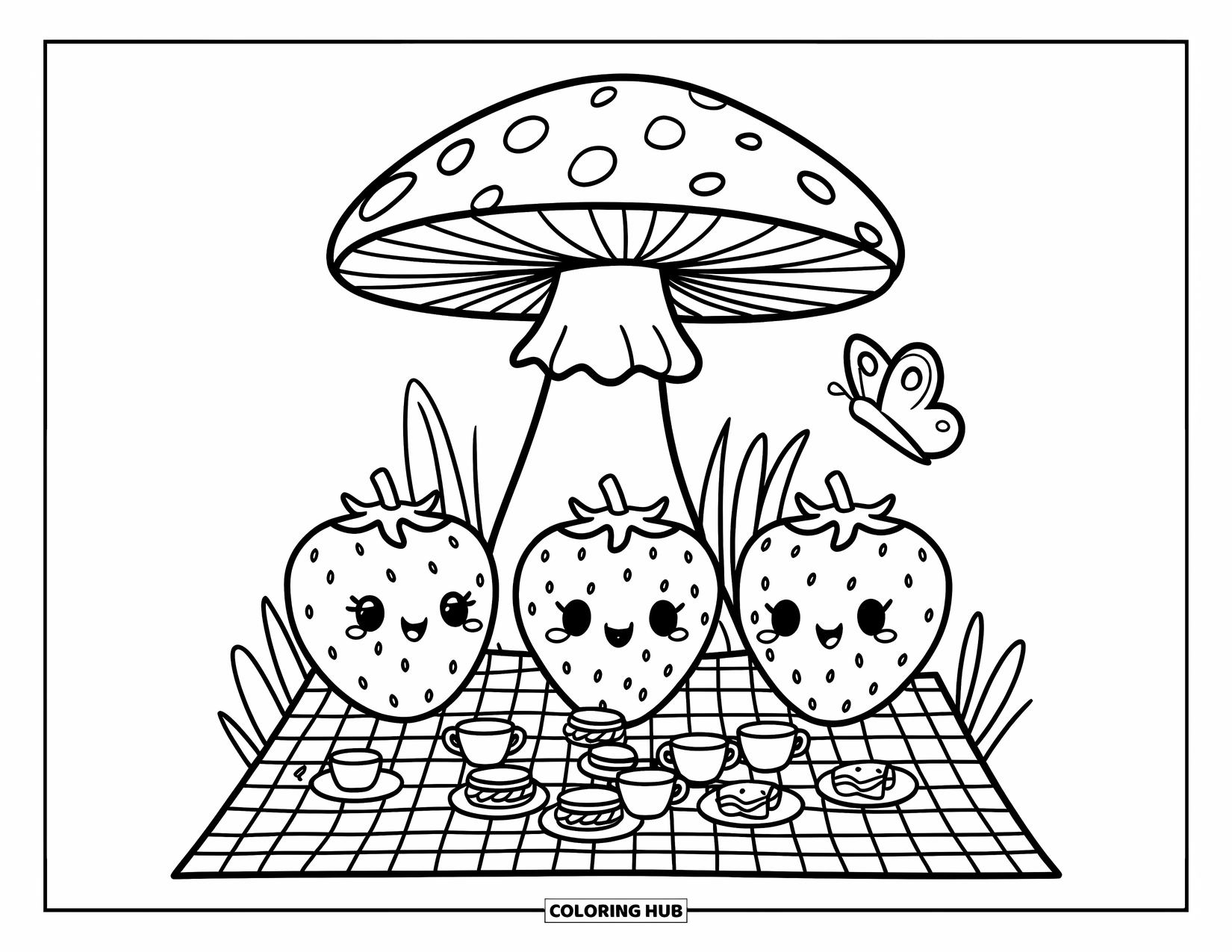 Desenho de Morango para Colorir para Adultos: Um grupo de morangos está sentado sob um cogumelo, compartilhando chá, sanduíches e biscoitos