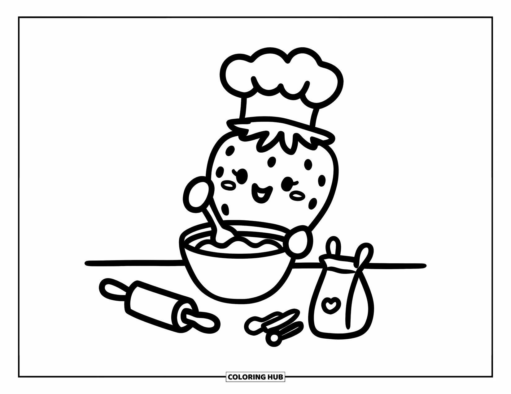 Desenho de Morango para Colorir para Adultos: Um chef morango feliz mexe uma tigela de massa com um rolo e farinha por perto