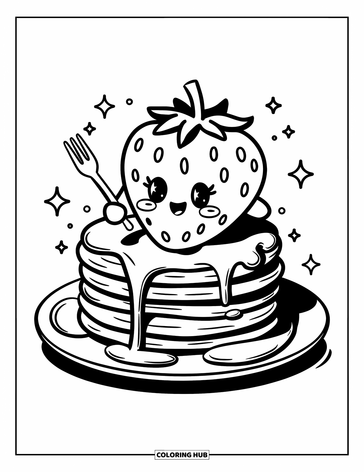 Desenho de Morango para Colorir para Adultos: Um morango feliz empoleirado em panquecas com calda, cercado por brilhos e pequenas estrelas flutuantes
