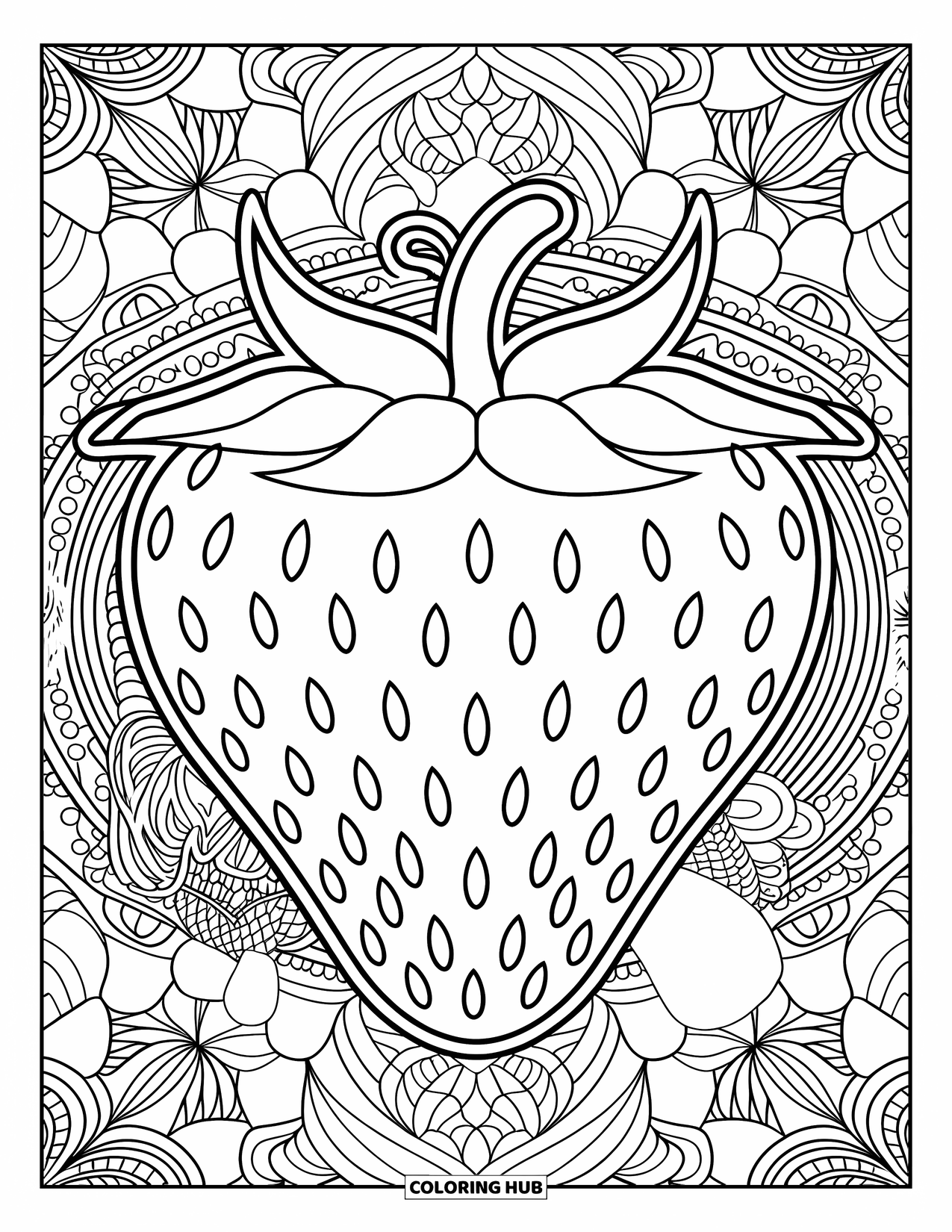 Desenho de Morango para Colorir para Adultos: Uma mandala de morango altamente detalhada com padrões florais e geométricos