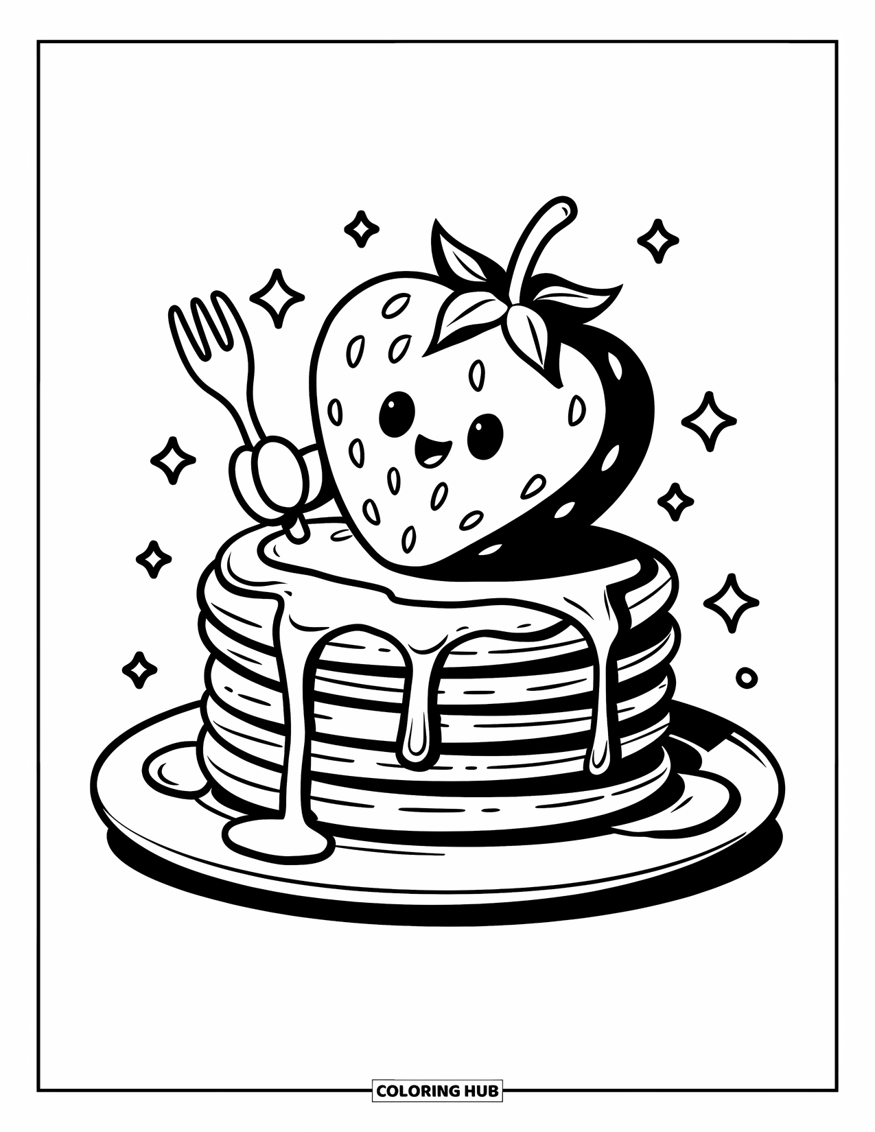 Desenho de Morango para Colorir para Adultos: Um morango kawaii está sentado em uma pilha de panquecas fofas, segurando um pequeno garfo, pronto para comer
