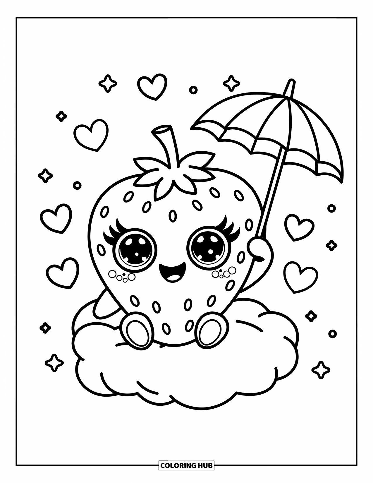 Desenho de Morango para Colorir para Adultos: Um morango kawaii com olhos brilhantes está sentado em uma nuvem fofa, segurando um pequeno guarda-chuva