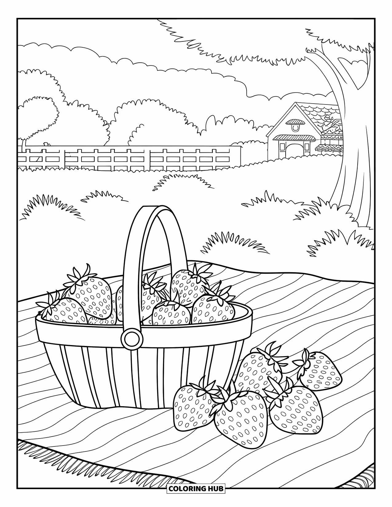 Desenho de Morango para Colorir para Adultos: Um cenário de piquenique tranquilo com uma cesta de morangos e um fundo panorâmico