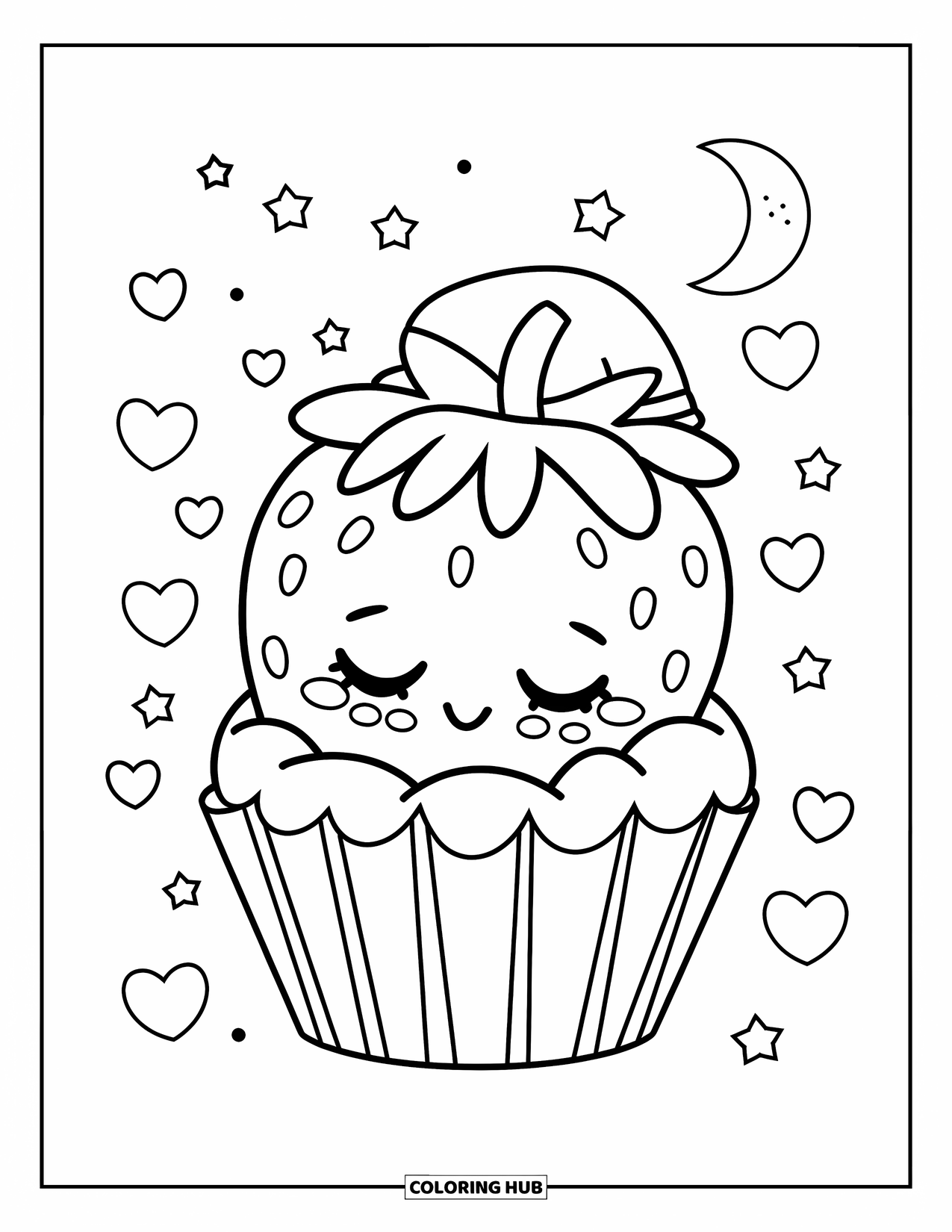 Desenho de Morango para Colorir para Adultos: Um morango sonolento se aconchega em um invólucro de cupcake, usando uma touca de dormir sob uma lua brilhante