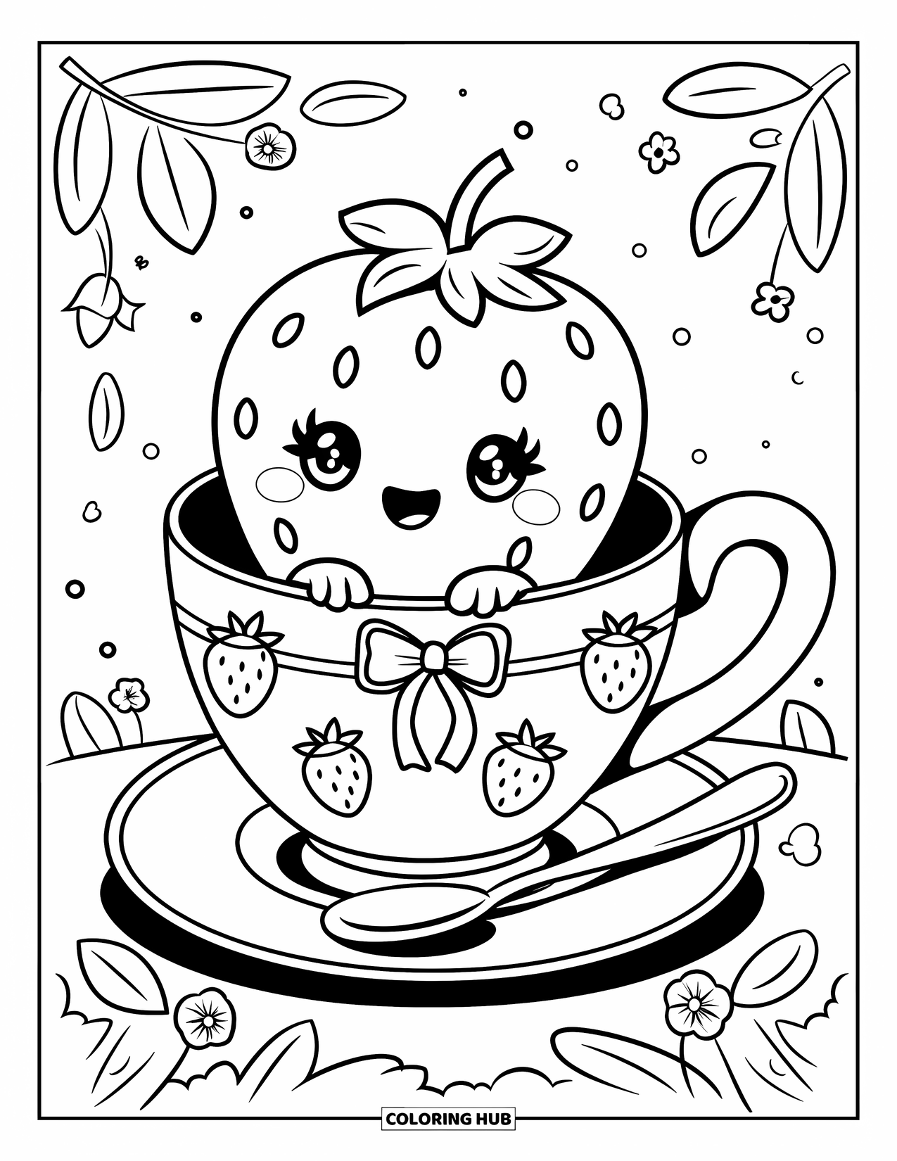 Desenho de Morango para Colorir para Adultos: Um morango sorridente em uma xícara de chá fofa, com pequenos laços, corações e um pires combinando