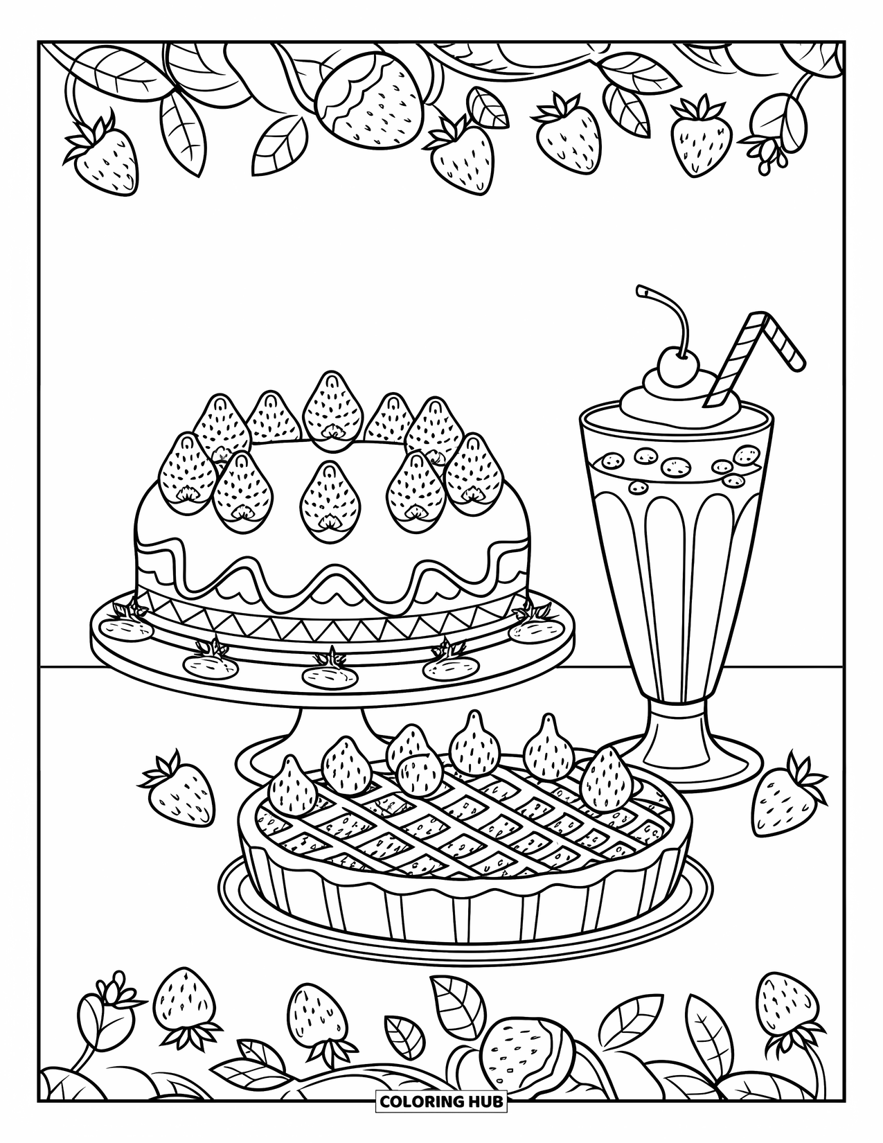 Desenho de Morango para Colorir para Adultos: Uma variedade de sobremesas com tema de morango com bolo, torta e um milkshake