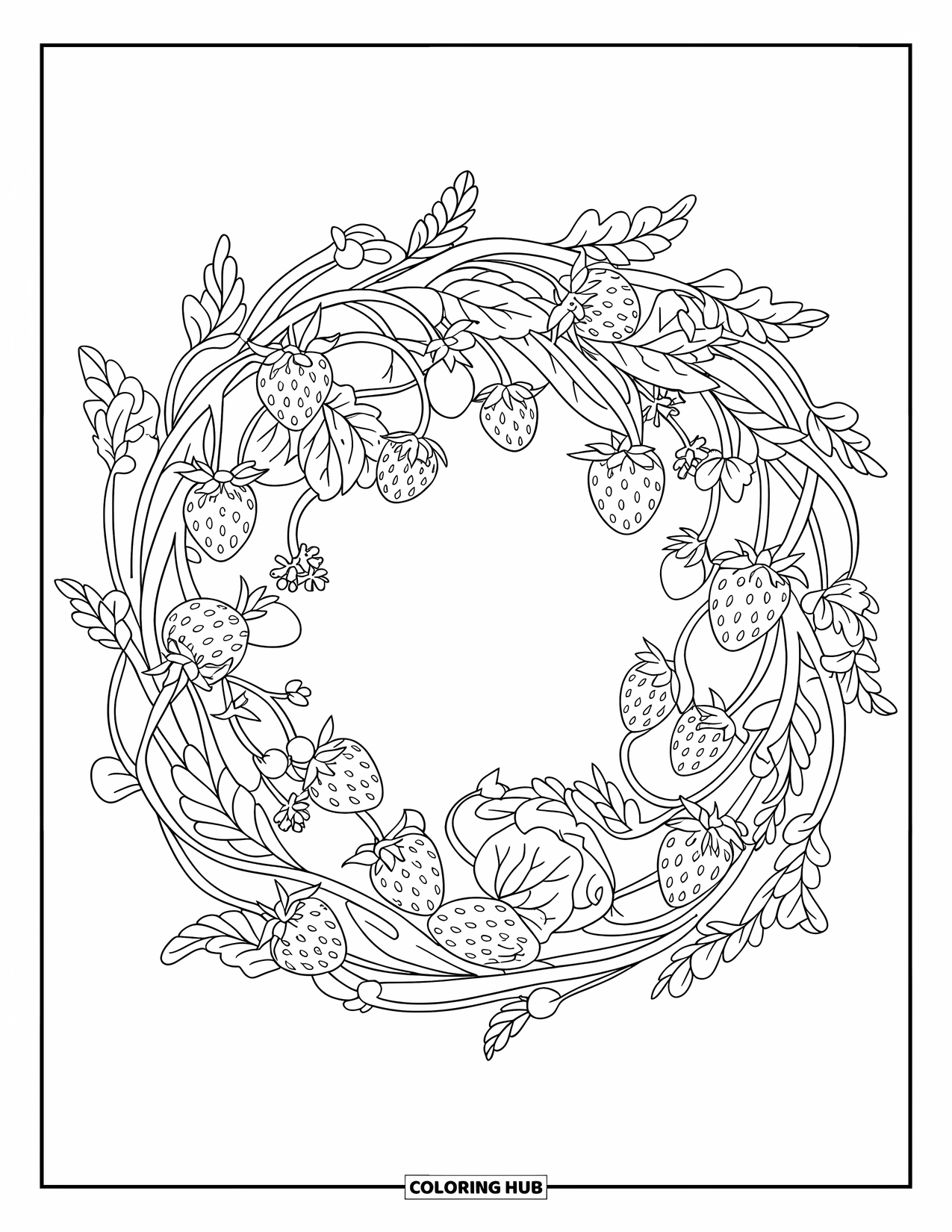 Desenho de morango para colorir para adultos: Uma coroa de morango feita de vinhas, frutos e flores entrelaçadas