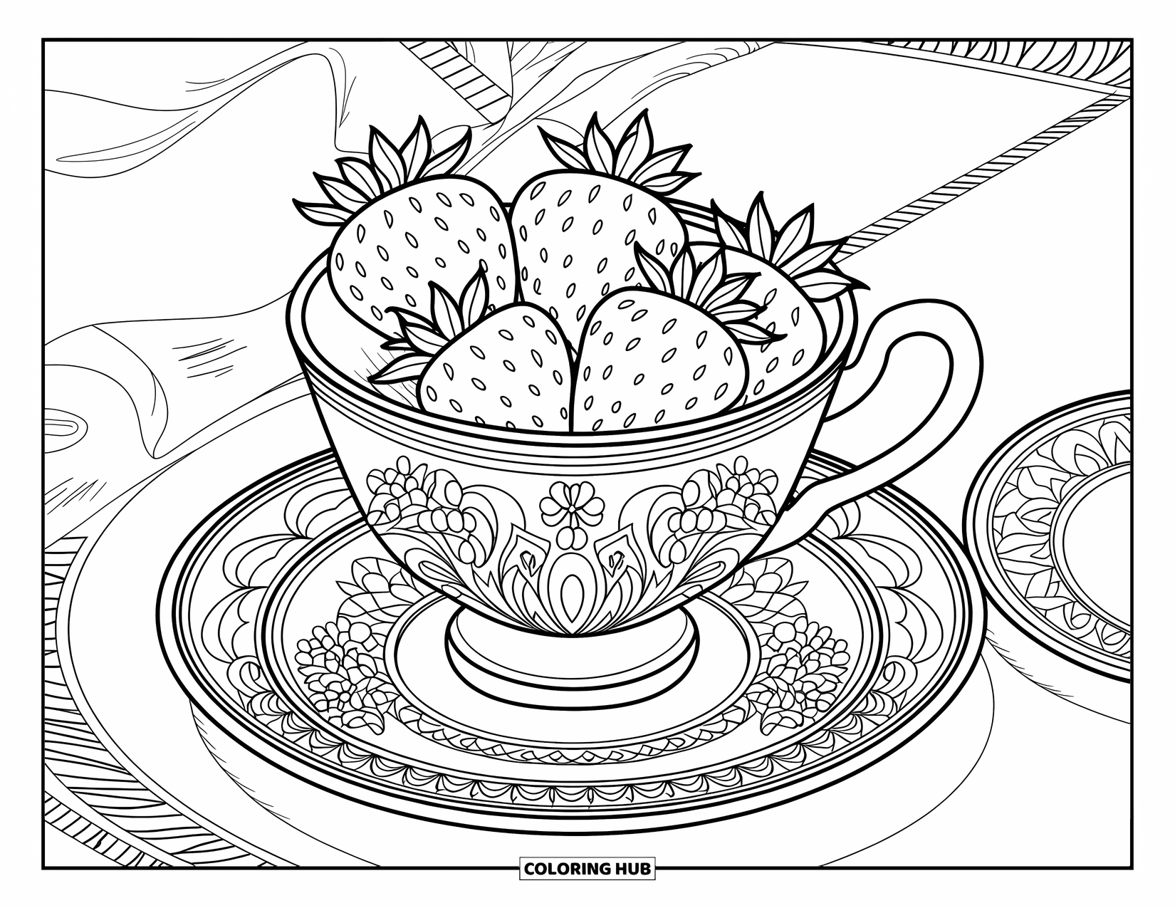 Desenho de Morango para Colorir para Adultos: Uma xícara de chá cheia de morangos, com detalhes florais elegantes e um pires detalhado