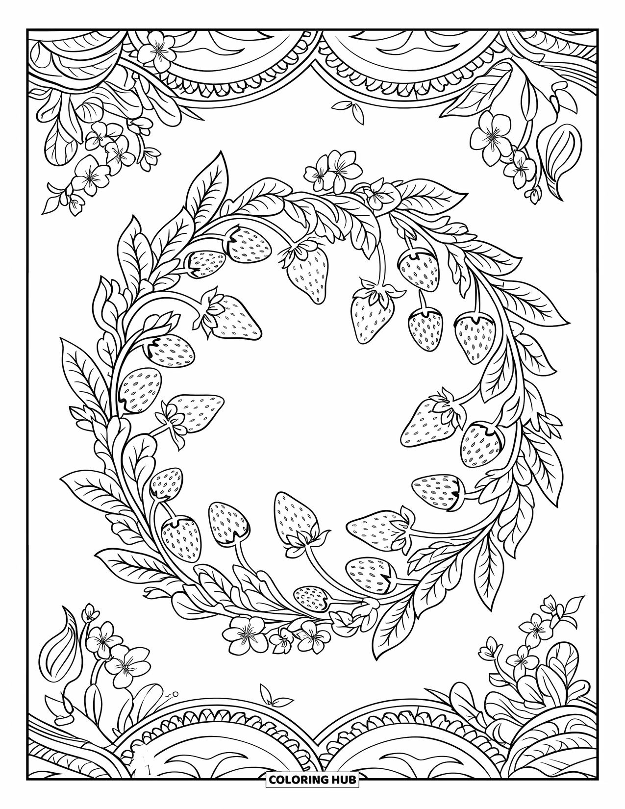 Desenho de Morango para Colorir para Adultos: Uma guirlanda de morango intrincada com folhas e flores formando um círculo elegante