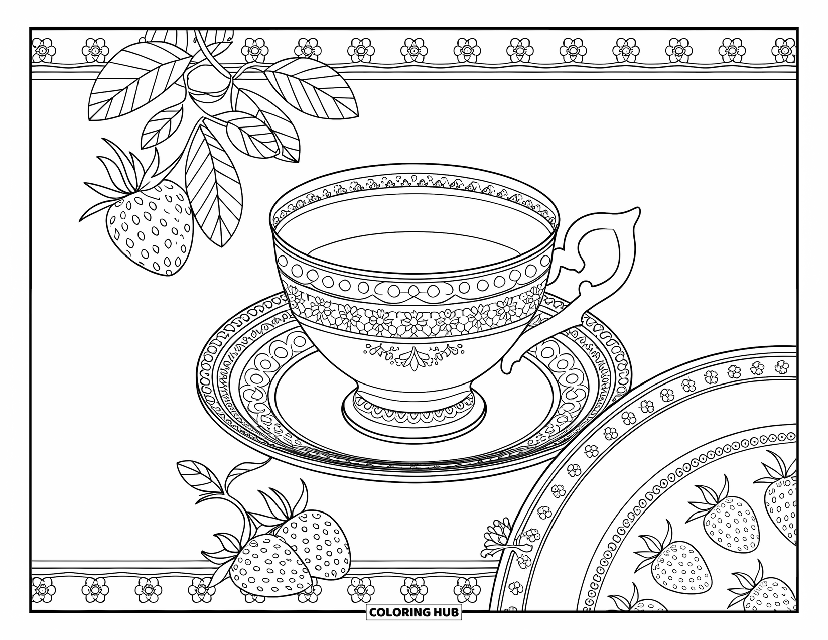 Desenho de Morango para Colorir para Adultos: Um conjunto de xícara de chá de morango ornamentado com padrões florais e um pires elegante