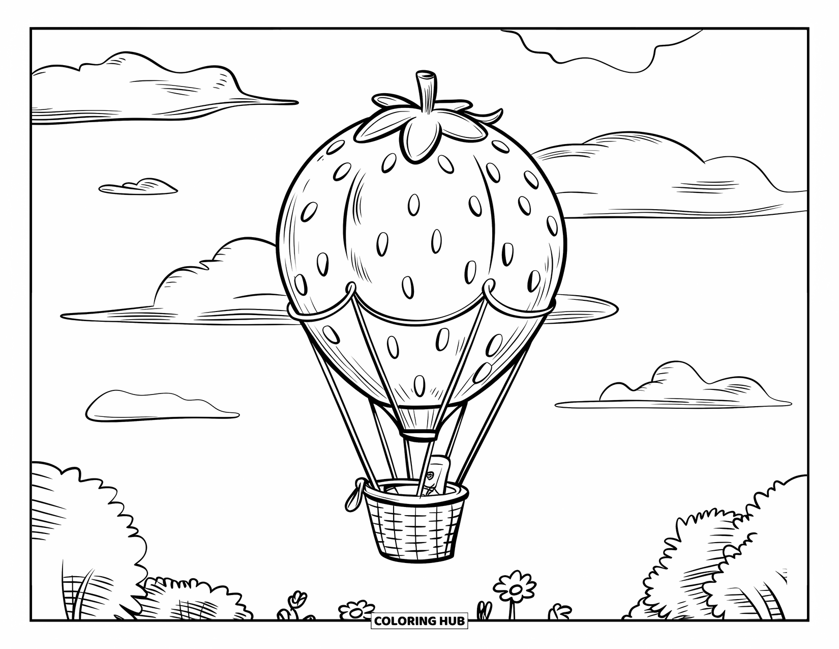 Desenho de Morango para Colorir para Crianças: Um balão em forma de morango flutua acima de um campo com uma cesta abaixo