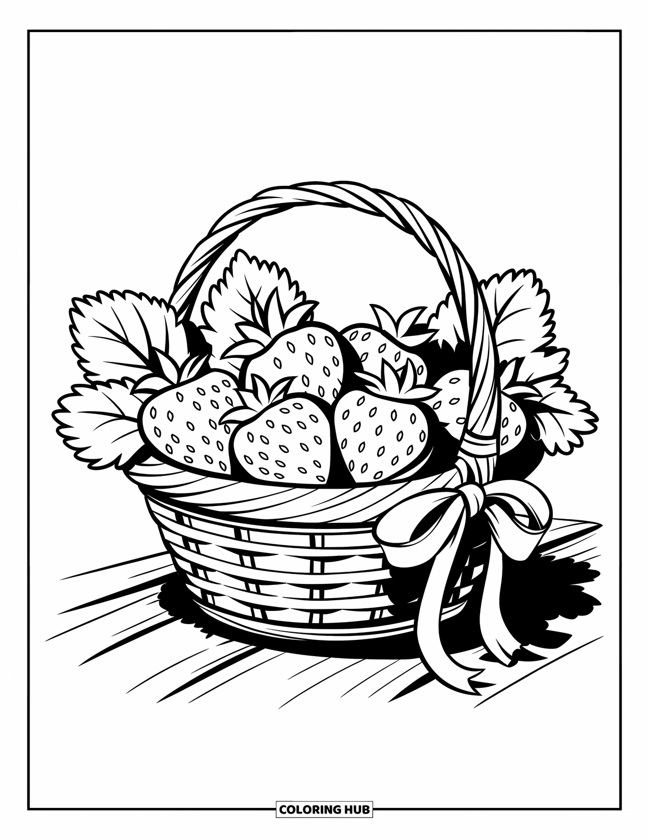 Desenho de Morango para Colorir para Crianças: Uma cesta cheia de morangos, amarrada com uma fita decorativa e colocada sobre uma superfície de madeira