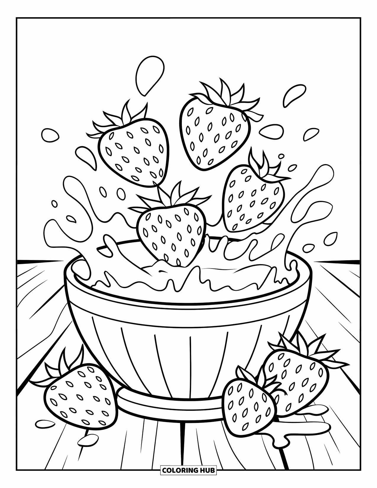 Desenho de Morango para Colorir para Crianças: Uma tigela de leite com morangos caindo, criando um efeito de respingo dinâmico