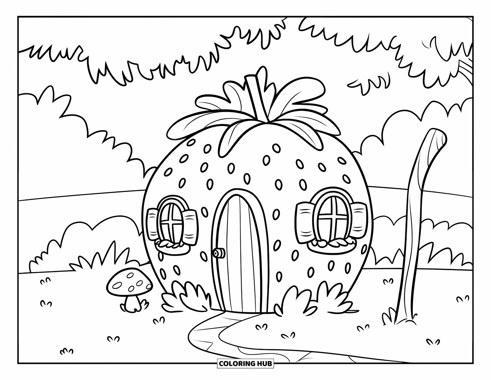 Desenho de Morango para Colorir para Crianças: Uma charmosa casa de morango com um telhado de palha, em um campo exuberante