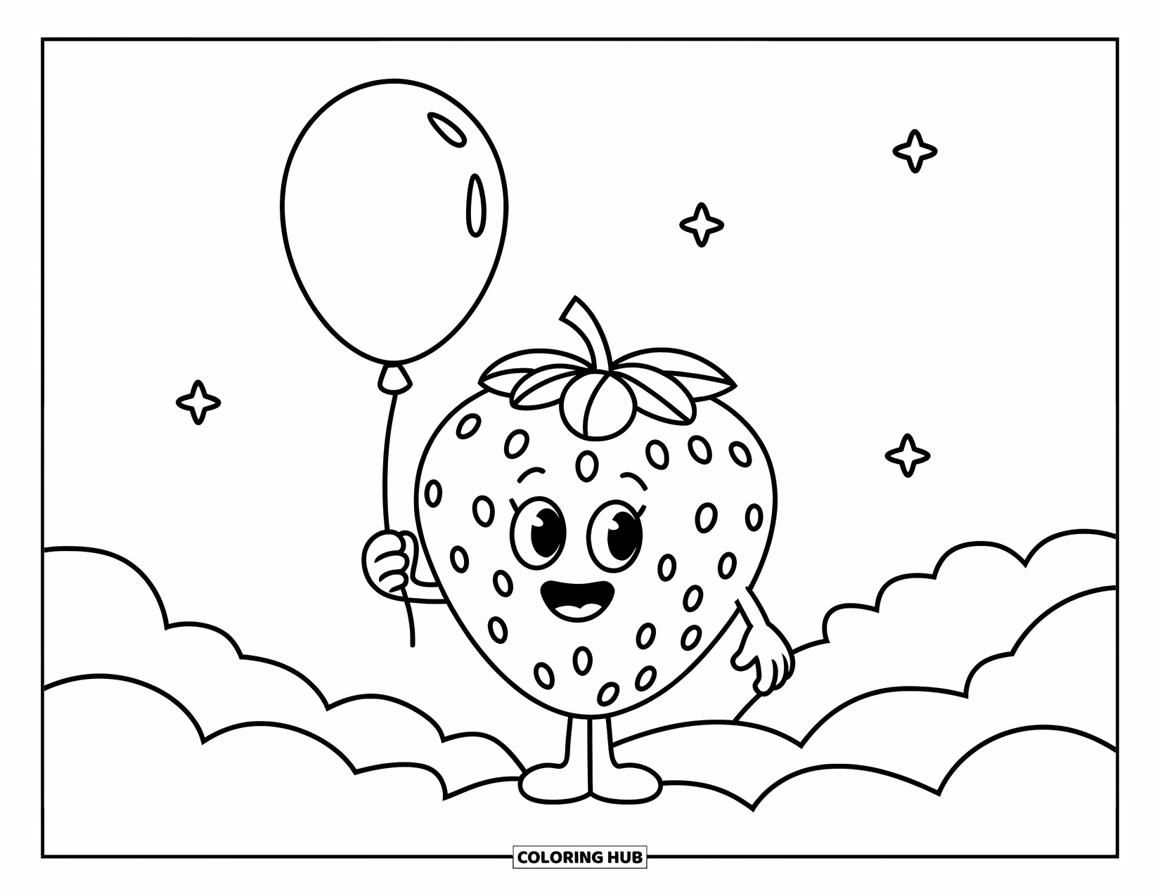 Desenho de Morango para Colorir para Crianças: Um personagem de morango alegre segurando um balão enquanto está em pé sobre uma nuvem fofa