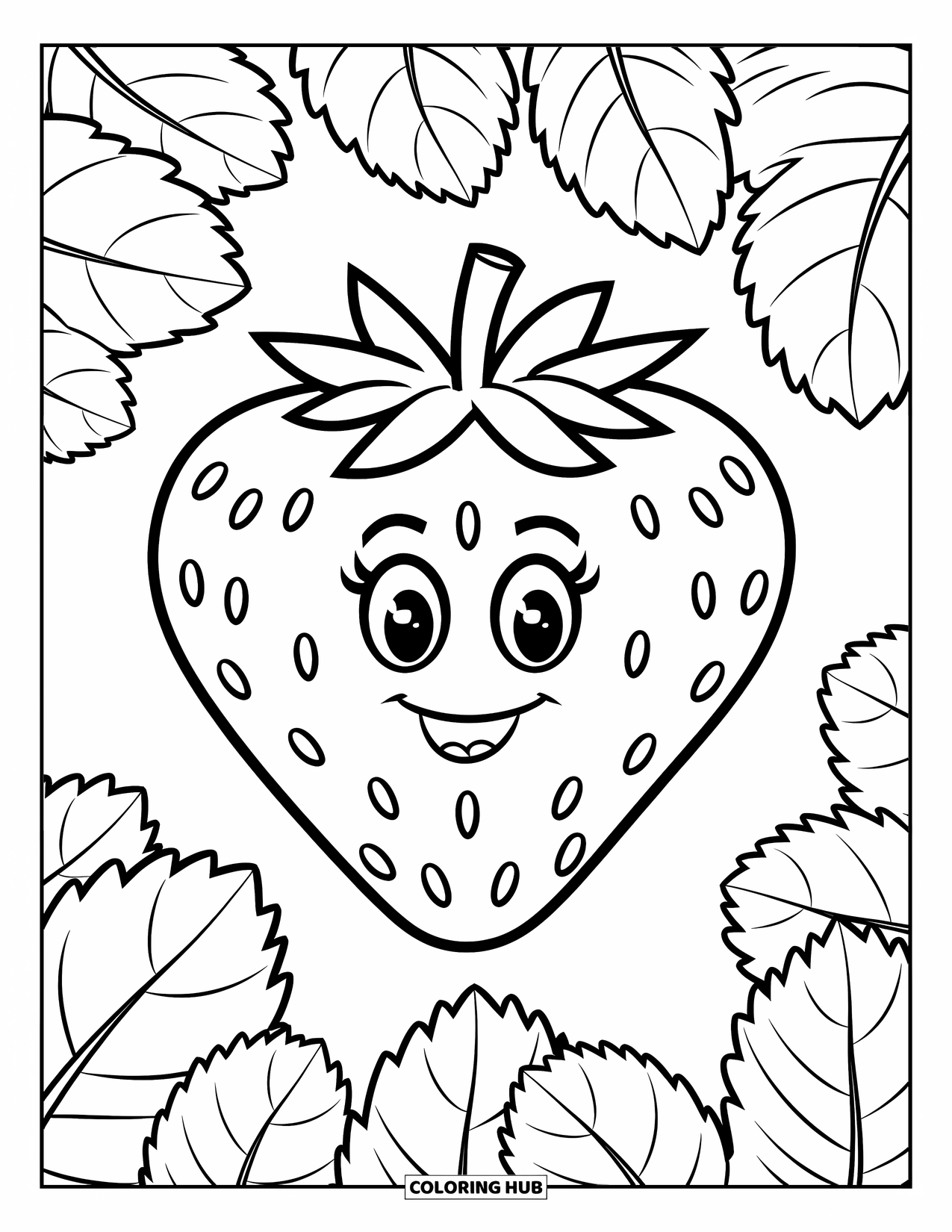 Desenho de Morango para Colorir para Crianças: Um morango alegre com um rosto sorridente, cercado por grandes detalhes folhosos