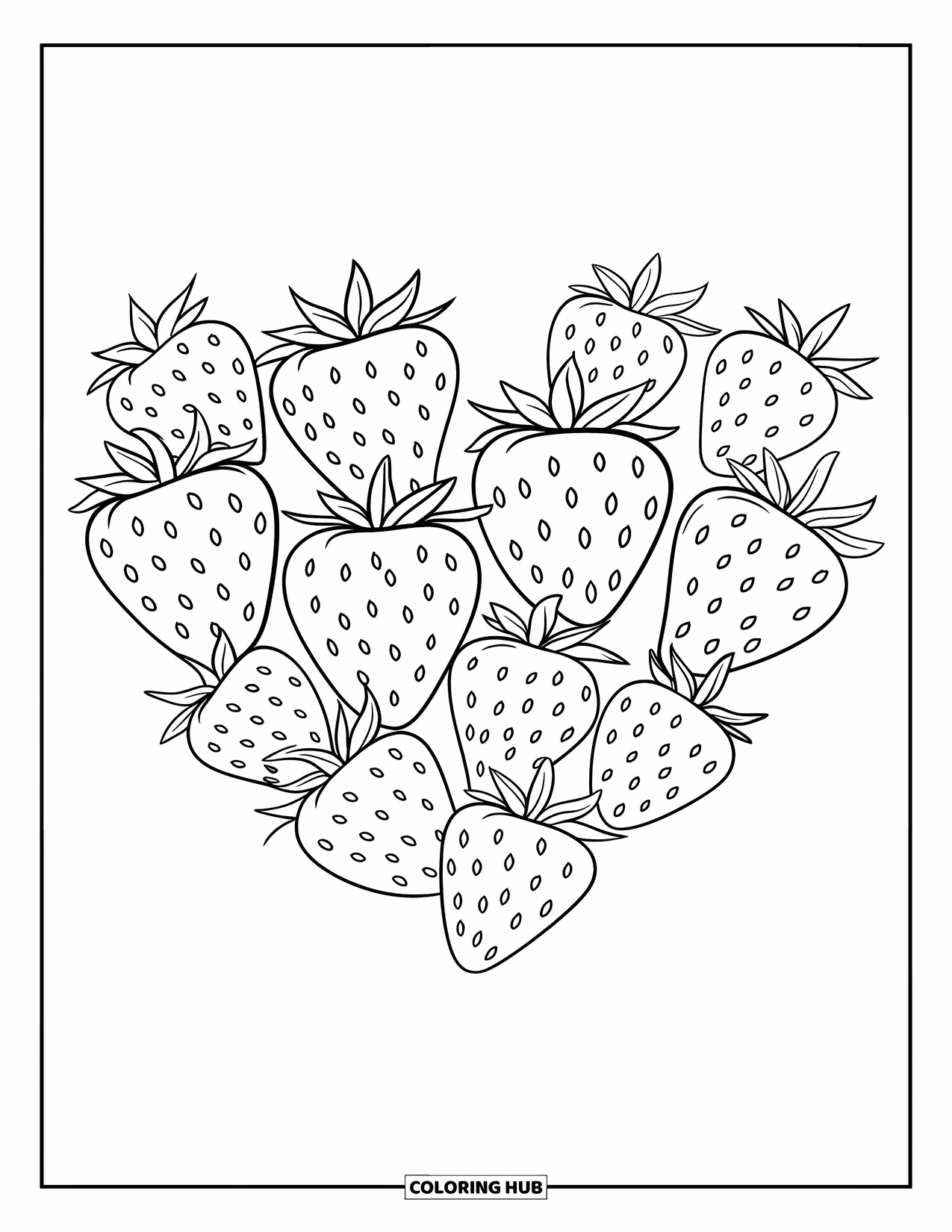 Desenho de Morango para Colorir para Crianças: Um aglomerado de morangos formando um formato de coração, com contornos limpos e marcantes