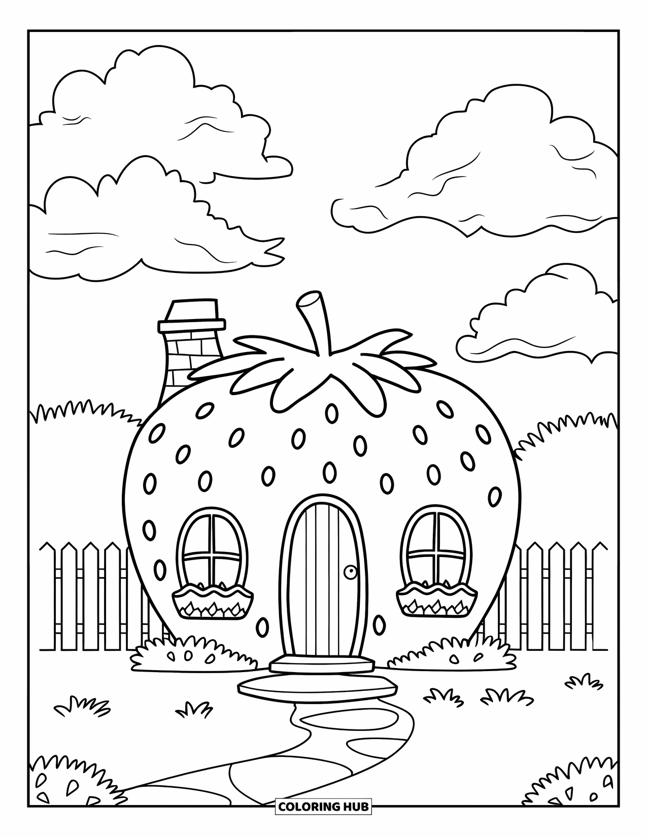 Desenho de Morango para Colorir para Crianças: Uma aconchegante casa de morango com uma cerca, grama e nuvens fofas no céu