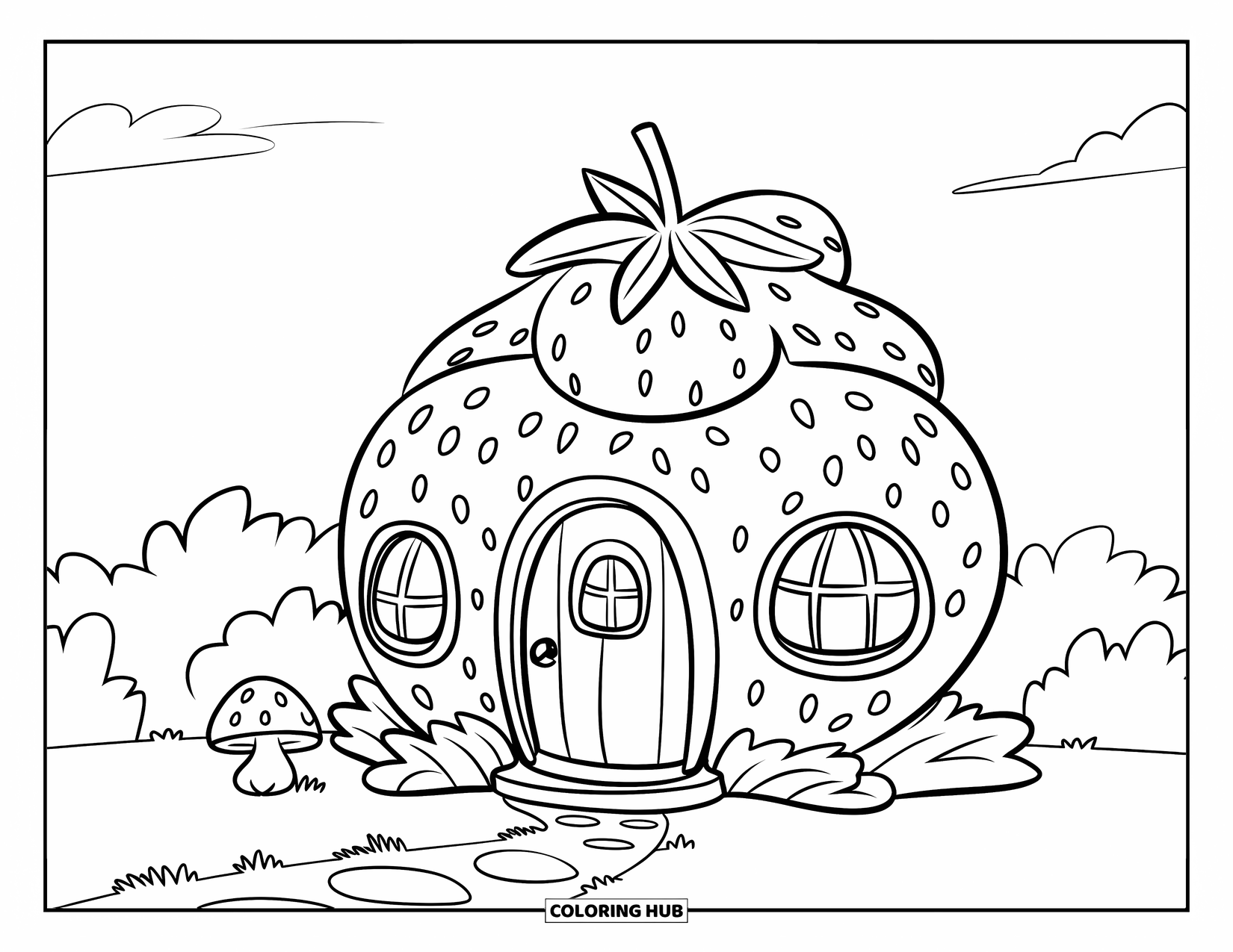 Desenho de Morango para Colorir para Crianças: Uma aconchegante casa de morango com um telhado de palha, um caminho de jardim e um cogumelo por perto