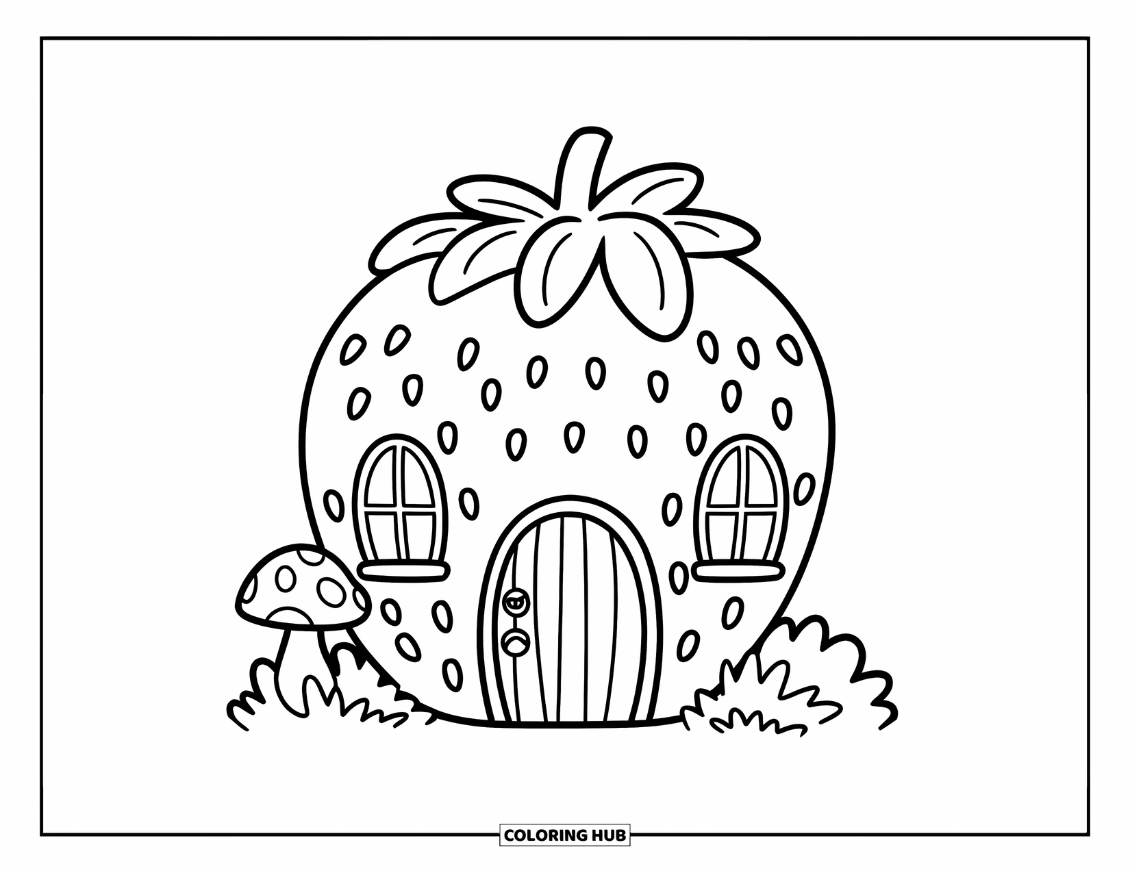 Desenho de Morango para Colorir para Crianças: Uma casa fofa em forma de morango com uma porta, janelas e um minúsculo cogumelo no jardim