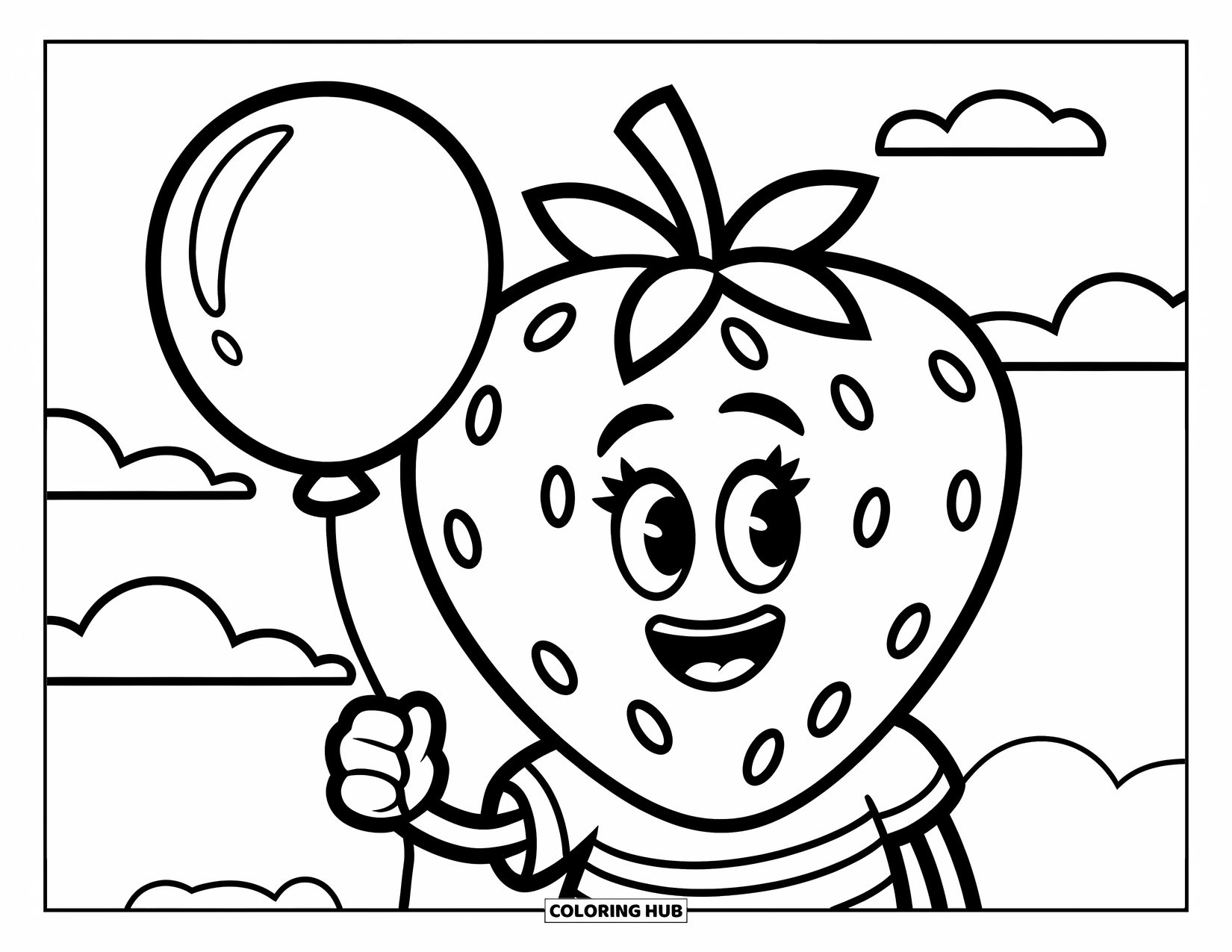 Desenho de Morango para Colorir para Crianças: Um morango fofo vestindo uma camisa listrada segura um balão sob um céu nublado simples