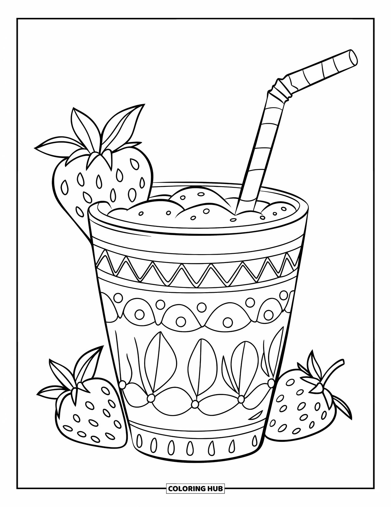 Desenho de Morango para Colorir para Crianças: Um copo decorado de smoothie de morango com um canudo e enfeite de frutas