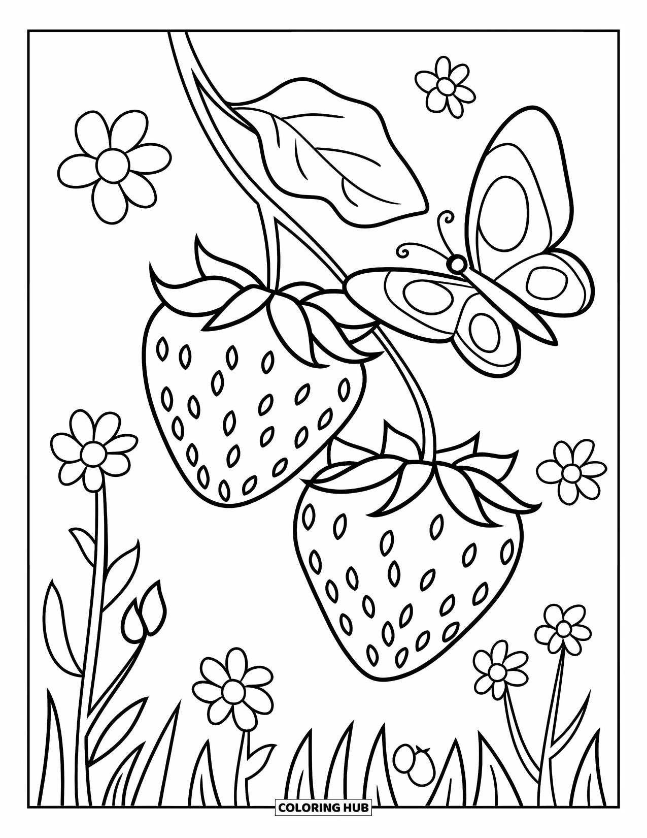 Desenho de Morango para Colorir para Crianças: Um ramo delicado com dois morangos e uma borboleta, cercado por flores espalhadas