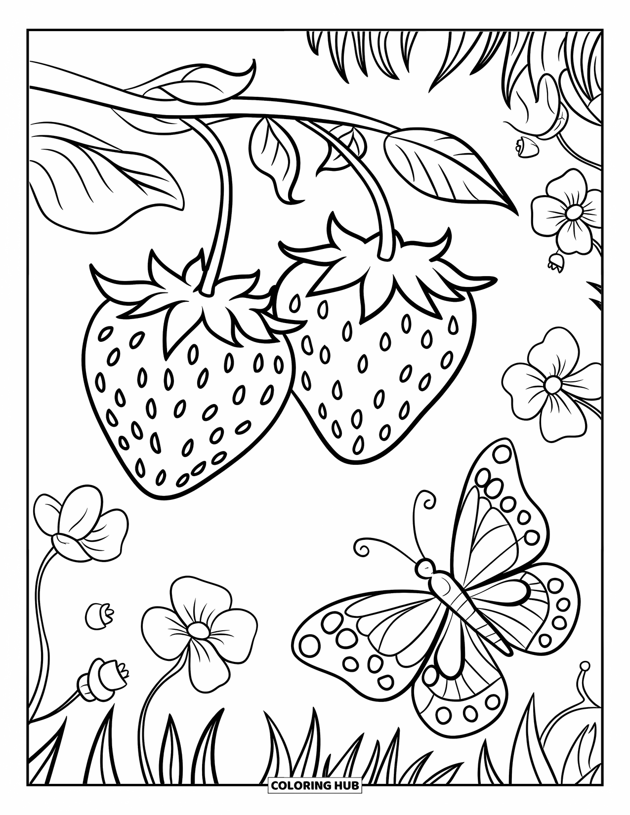 Desenho de Morango para Colorir para Crianças: Uma cena delicada de morangos em um ramo com uma borboleta e flores espalhadas