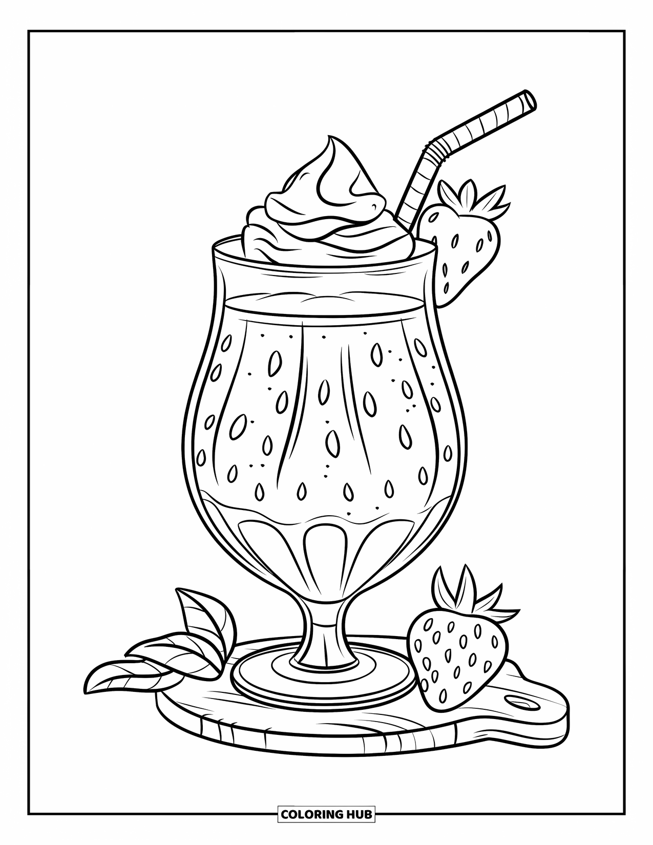 Desenho de Morango para Colorir para Crianças: Um copo de smoothie de morango coberto com chantilly e uma fatia de morango