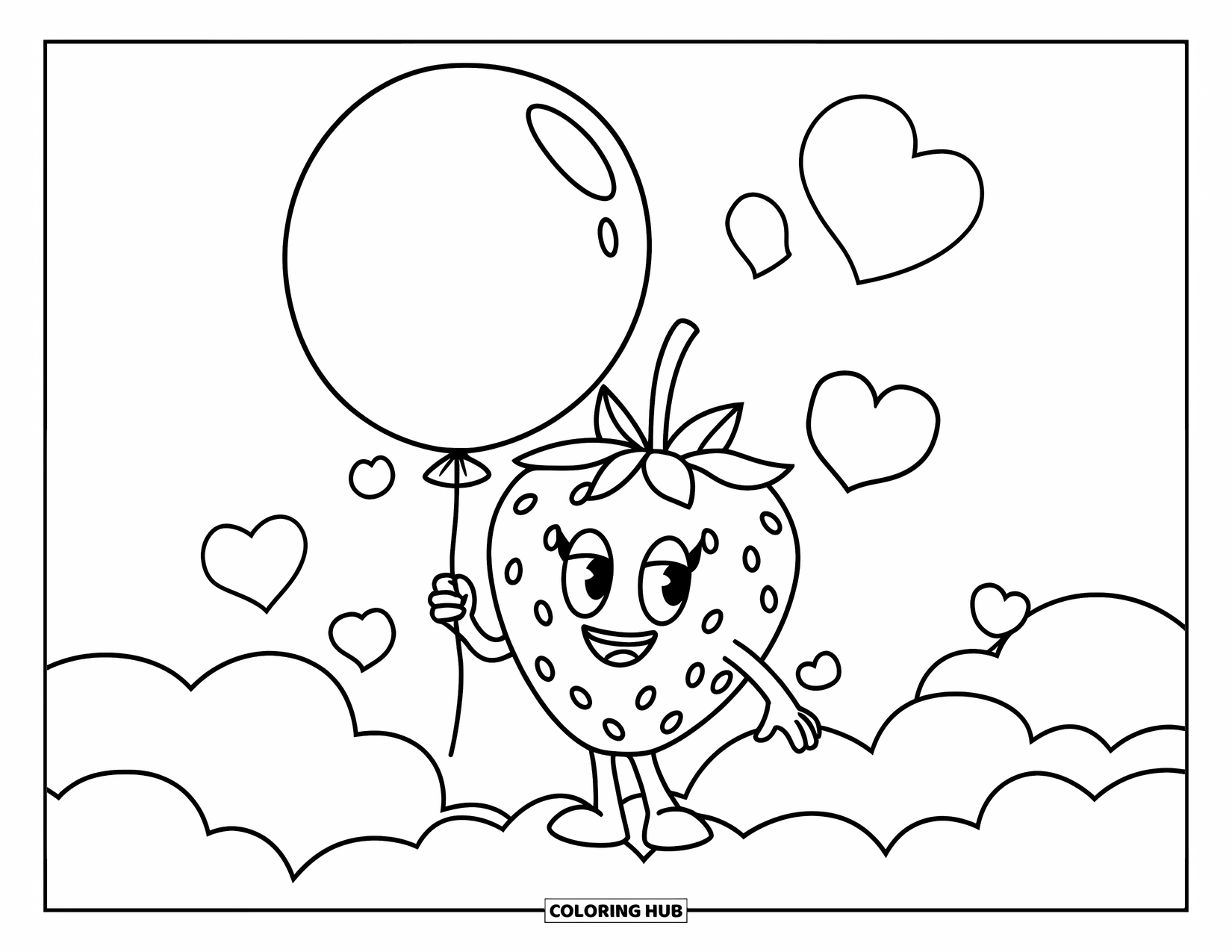 Desenho de Morango para Colorir para Crianças: Um morango feliz com um balão flutua entre corações em um céu claro