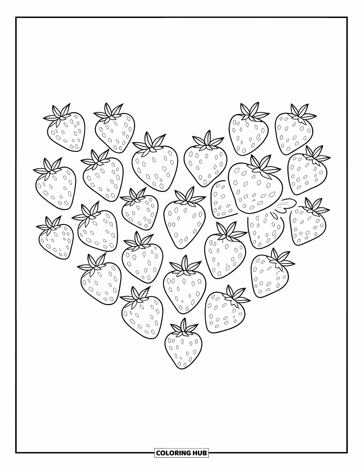 Desenho de Morango para Colorir para Crianças: Um coração feito de morangos com sementes e pontas folhosas, em um fundo simples