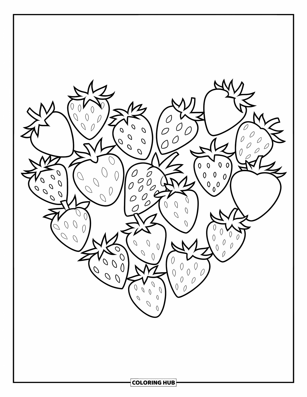 Desenho de Morango para Colorir para Crianças: Uma disposição em forma de coração de morangos com contornos marcantes