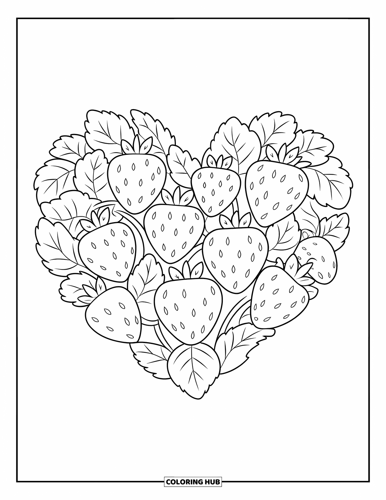 Desenho de Morango para Colorir para Crianças: Um padrão em forma de coração de morangos com folhas e caules entrelaçados