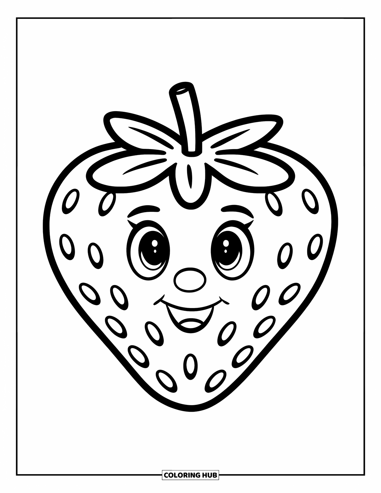 Desenho de Morango para Colorir para Crianças: Um morango grande e sorridente com contornos limpos em um fundo branco
