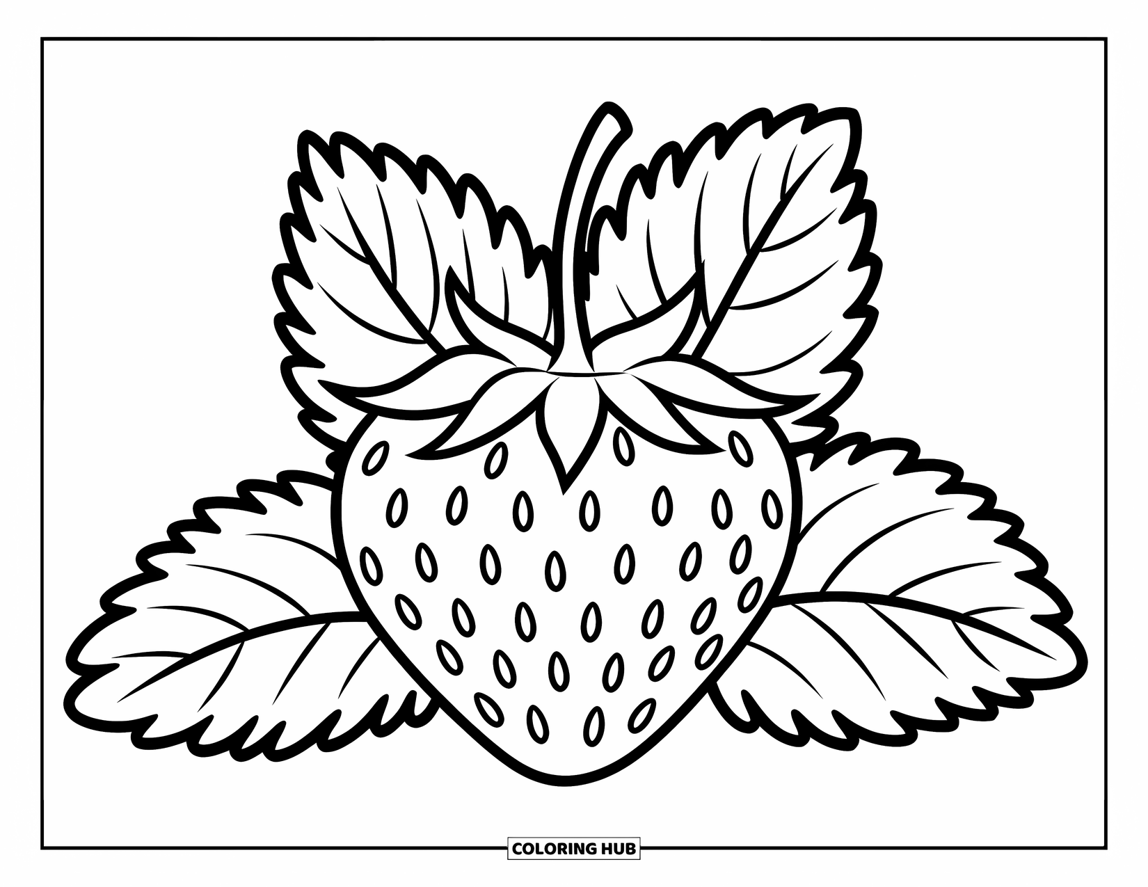Desenho de Morango para Colorir para Crianças: Um morango grande com três folhas grandes, desenhado com contornos limpos e marcantes