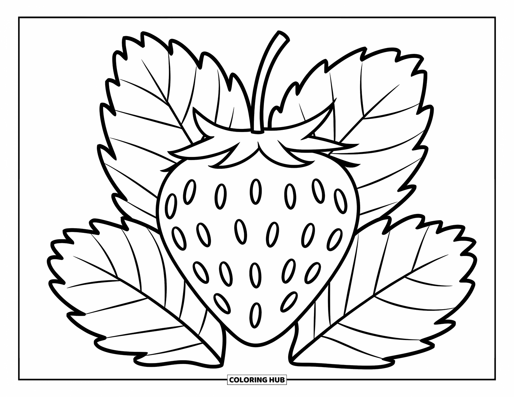 Desenho de Morango para Colorir para Crianças: Um morango rechonchudo com contornos marcantes e três folhas grandes em cima