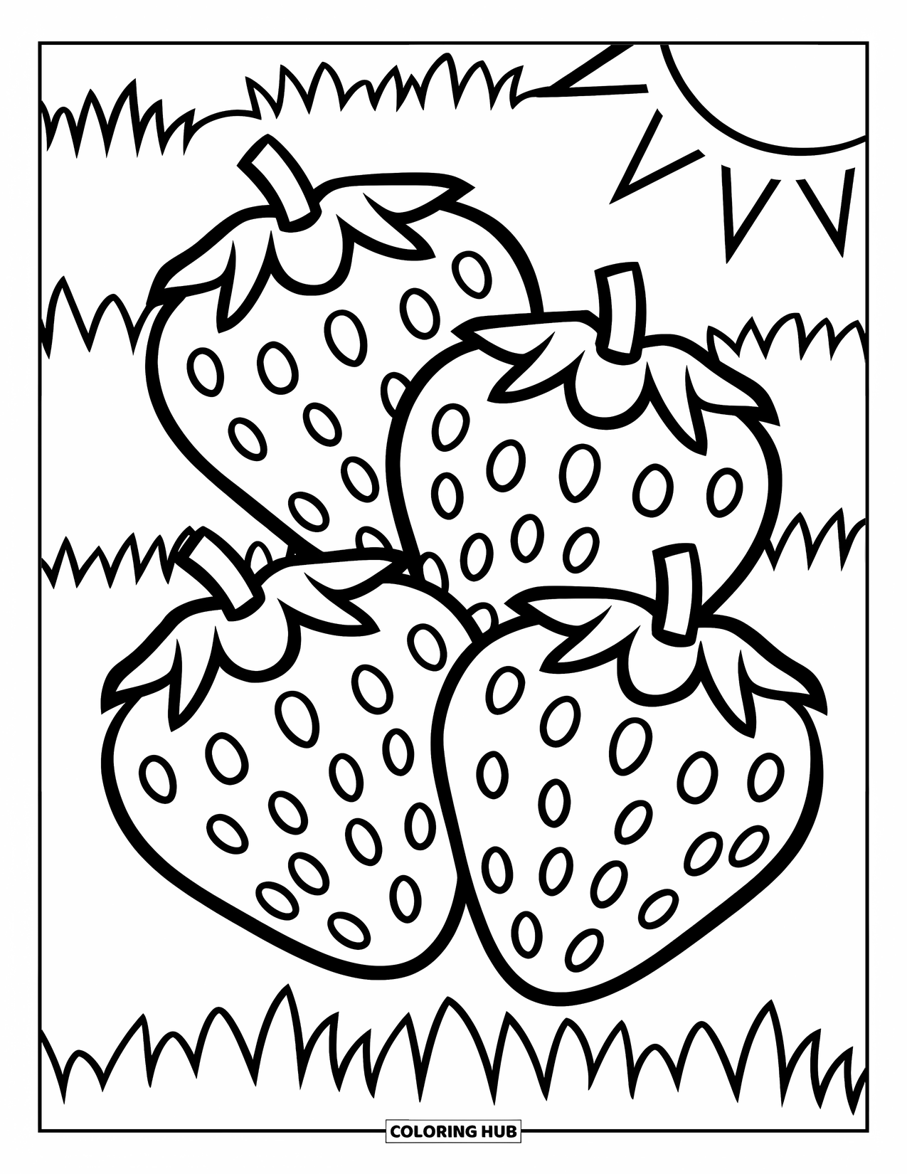Desenho de Morango para Colorir para Crianças: Uma fileira de três morangos em um campo ensolarado com detalhes simples e lúdicos
