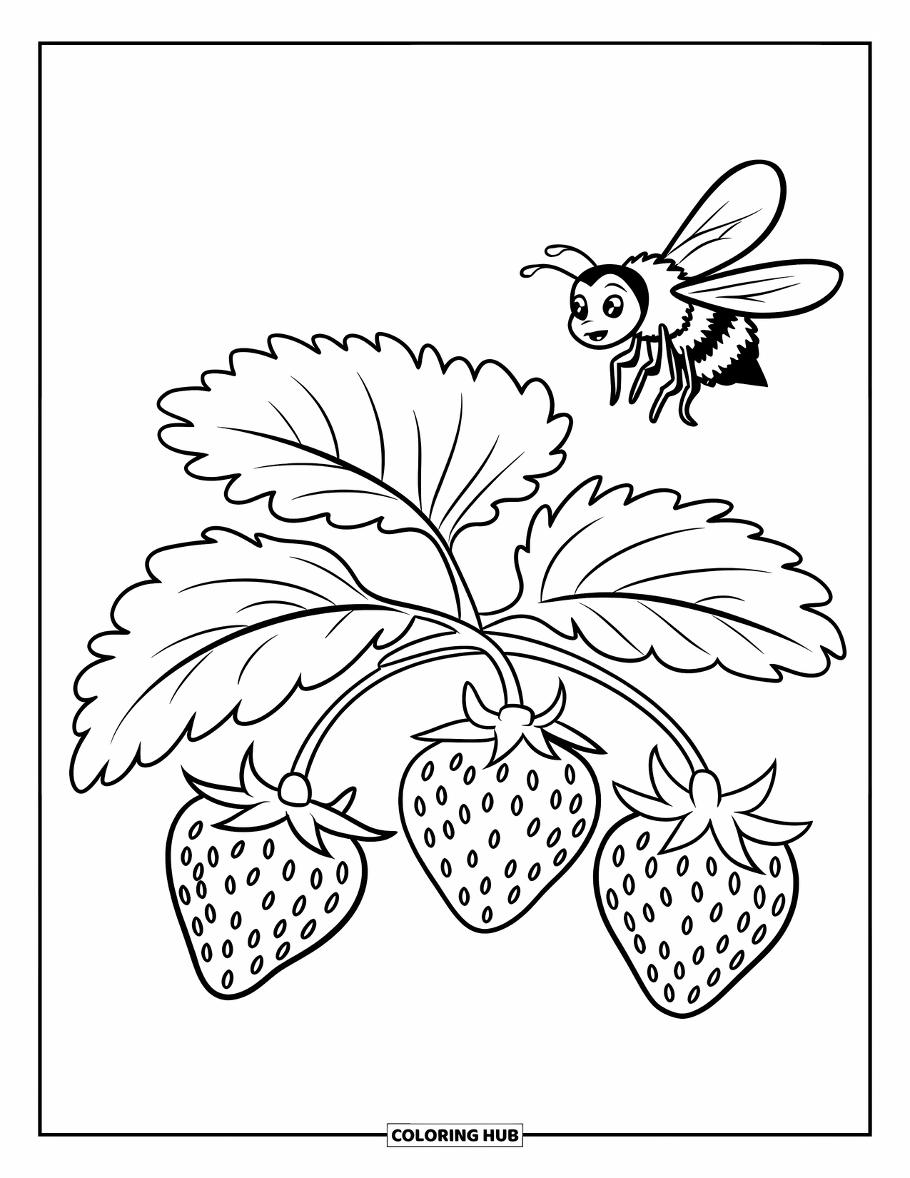 Desenho de Morango para Colorir para Crianças: Uma pequena planta de morango com folhas brilhantes e uma abelha zumbindo por perto