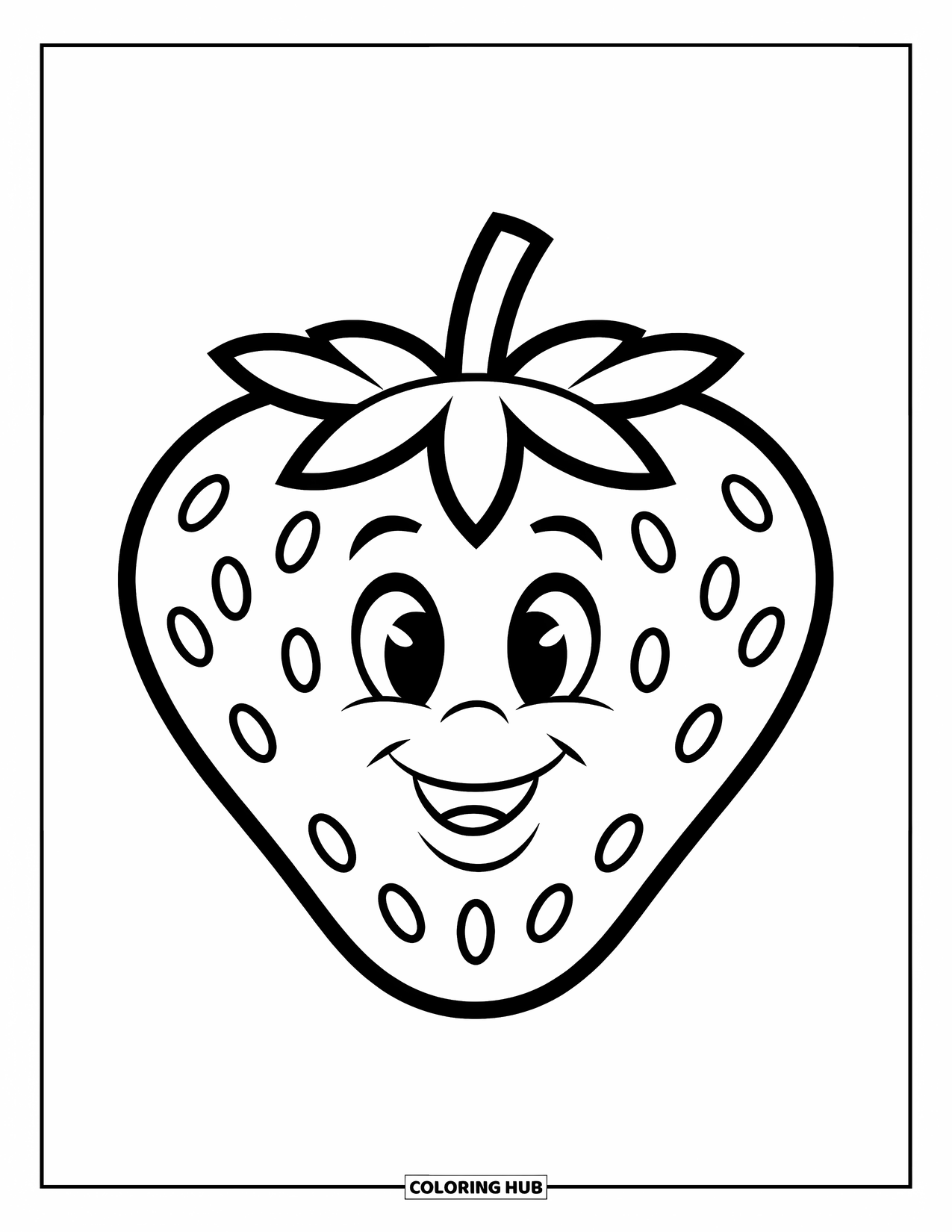 Desenho de Morango para Colorir para Crianças: Um morango sorridente com contornos suaves e sem fundo