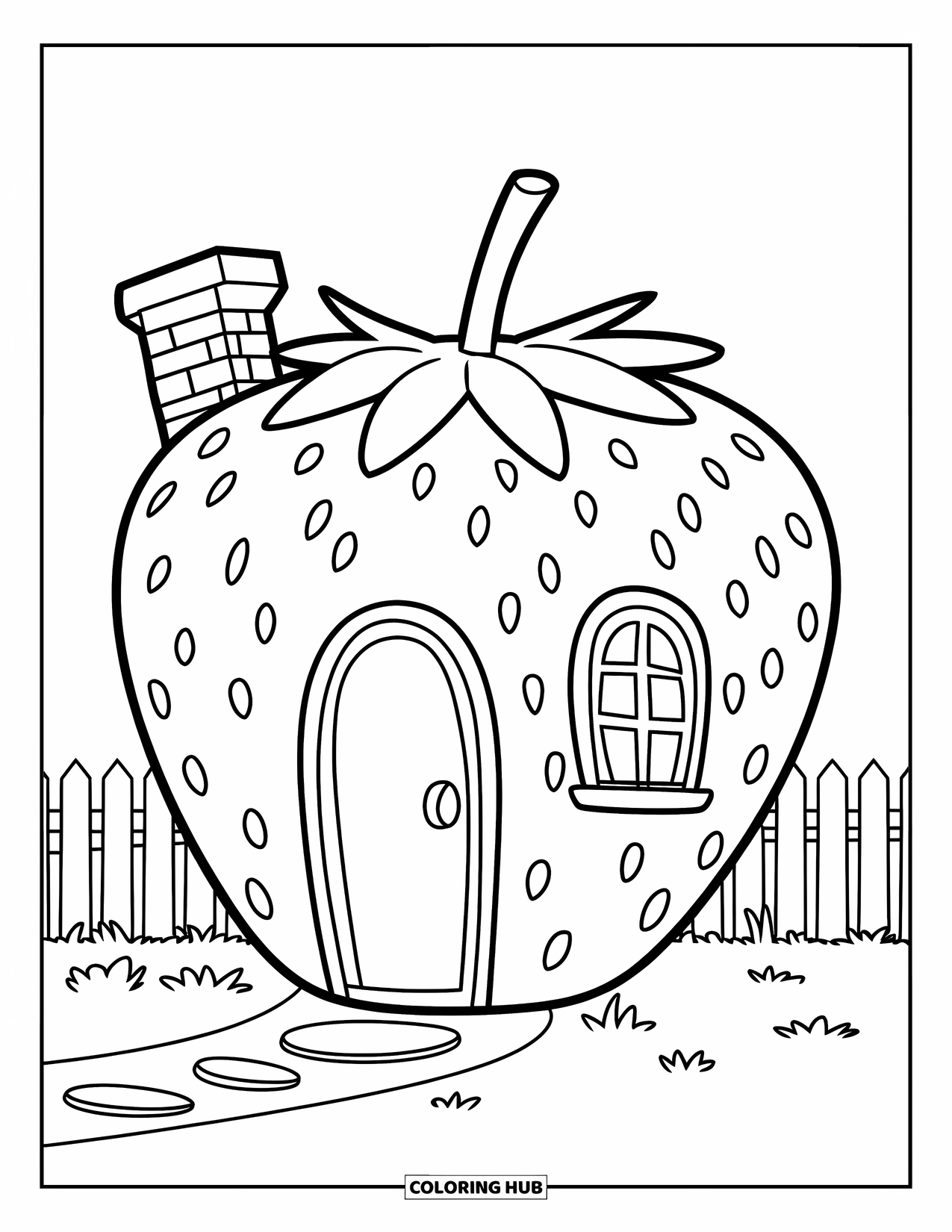Desenho de Morango para Colorir para Crianças: Uma casa de morango com uma chaminé, uma porta e um quintal gramado simples