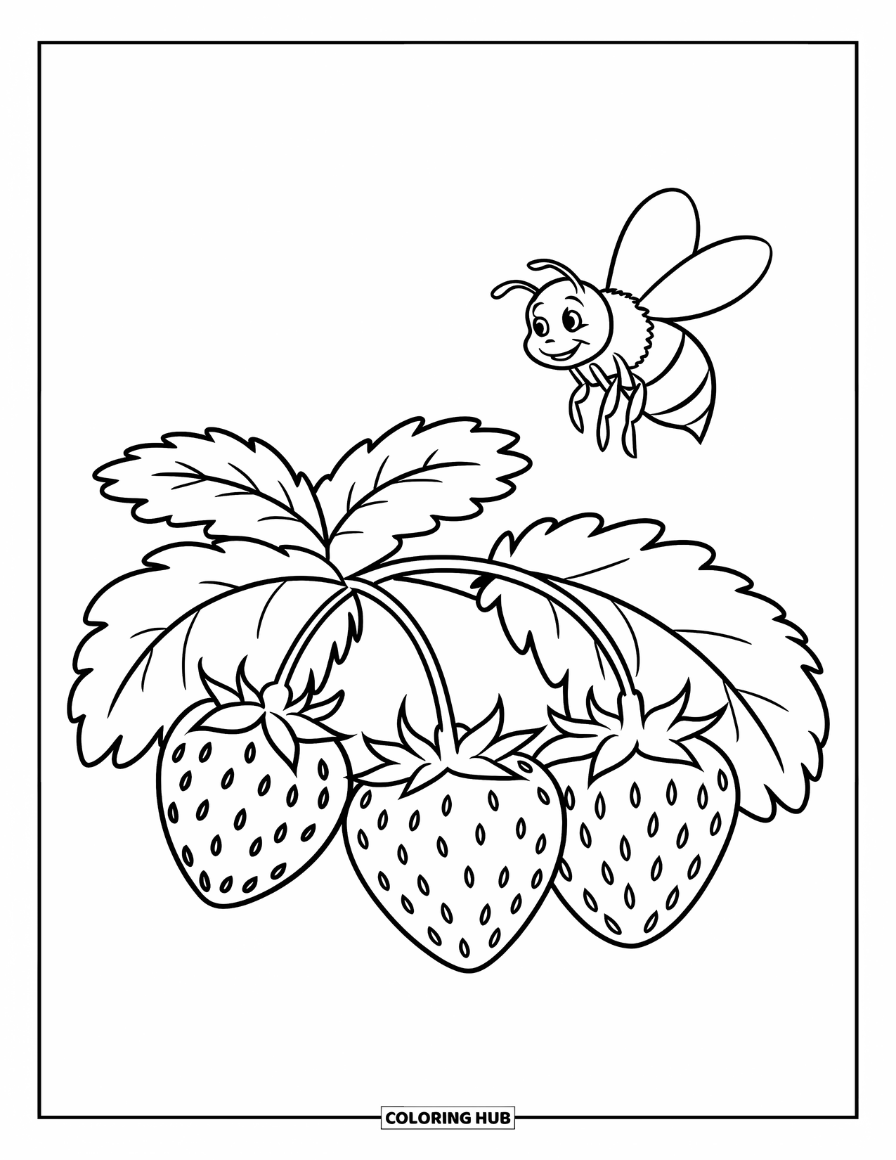 Desenho de Morango para Colorir para Crianças: Uma planta de morango com três frutos maduros e uma pequena abelha voando acima
