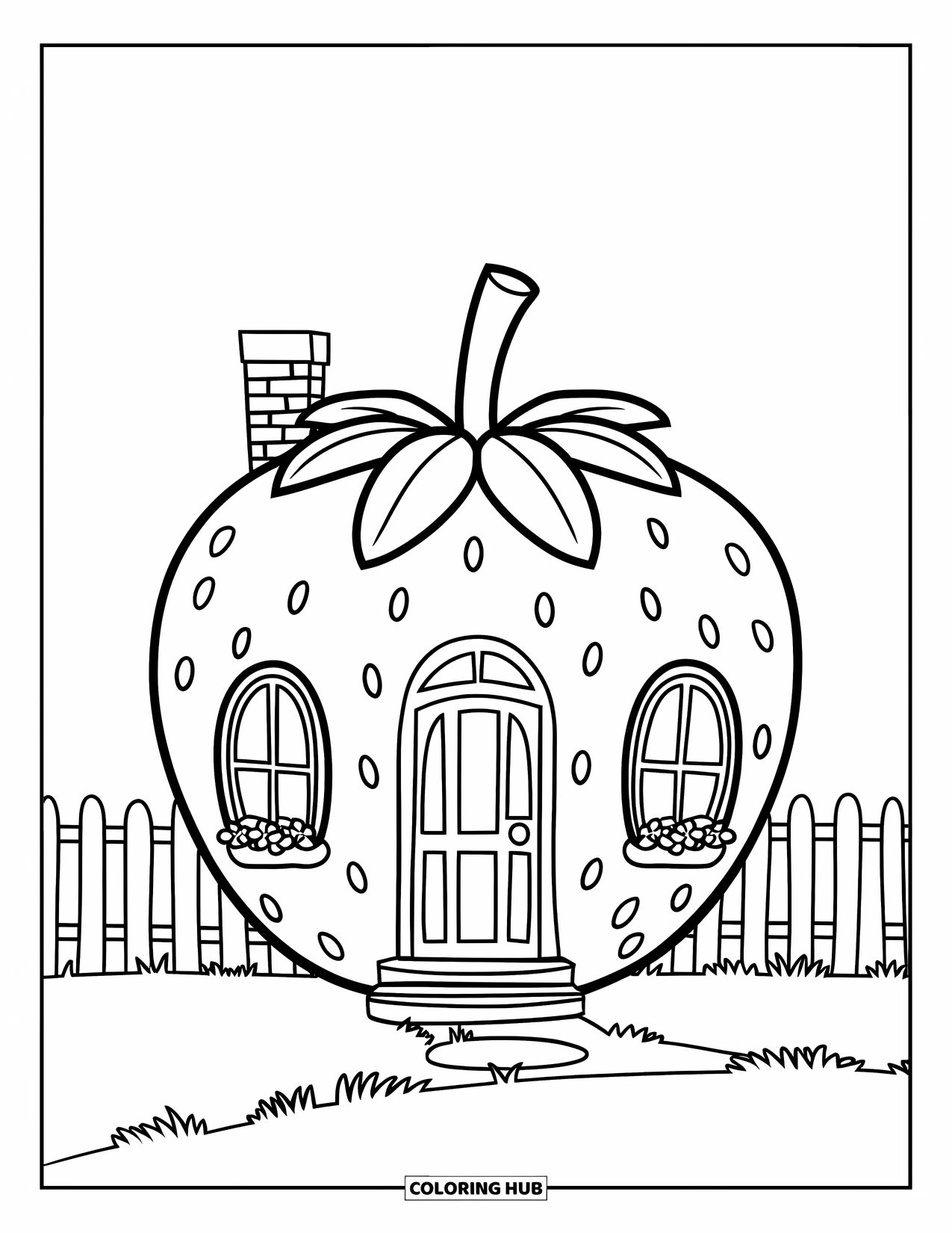 Desenho de Morango para Colorir para Crianças: Uma casa em forma de morango com uma chaminé, uma porta e uma cerca de piquete ao redor