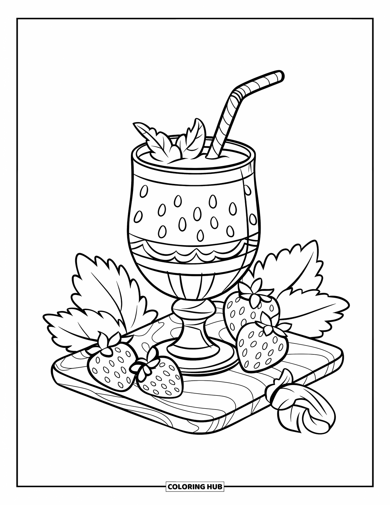 Desenho de Morango para Colorir para Crianças: Um smoothie de morango com um canudo, cercado por morangos frescos e folhas