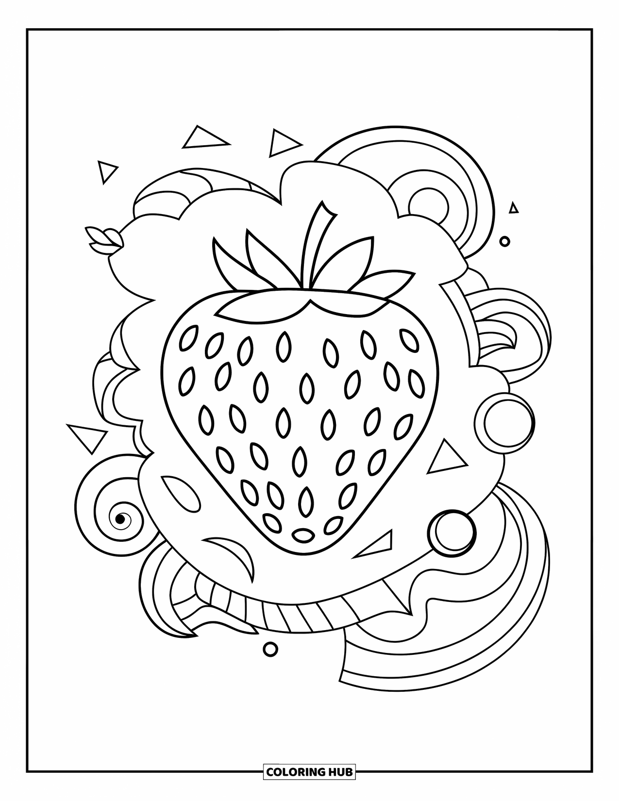 Desenho de Morango para Colorir para Crianças: Um morango cercado por redemoinhos abstratos e padrões geométricos