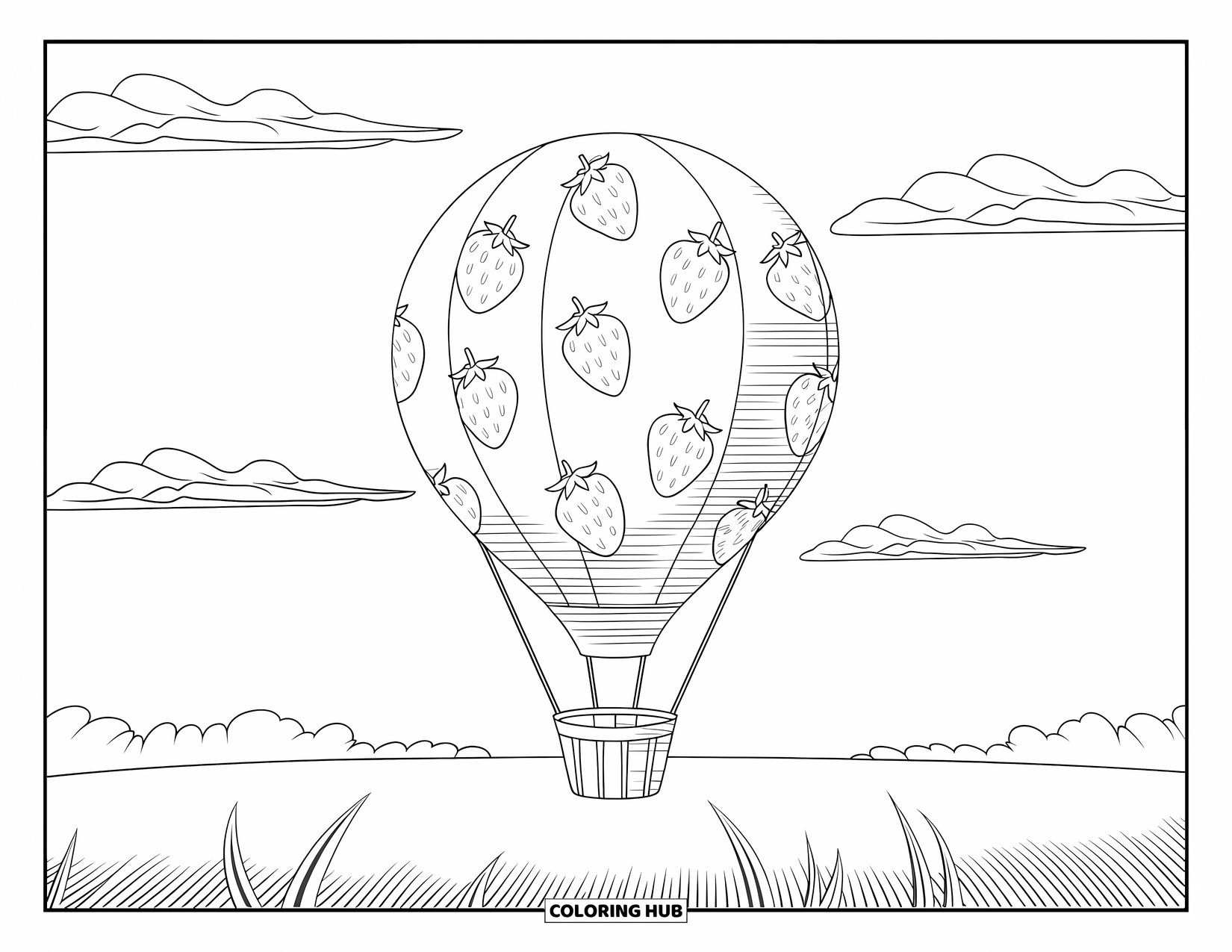 Desenho de Morango para Colorir para Crianças: Um balão de ar quente de morango extravagante flutua no céu acima de um campo aberto