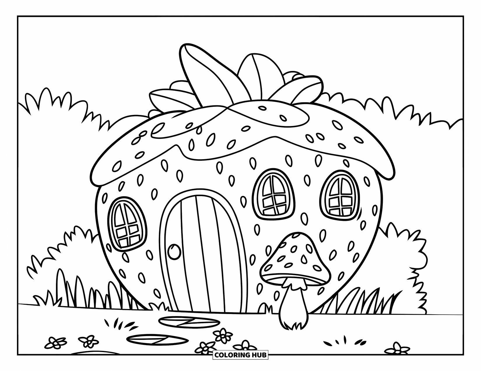Desenho de Morango para Colorir para Crianças: Uma casa de morango extravagante com um jardim, grama e algumas flores